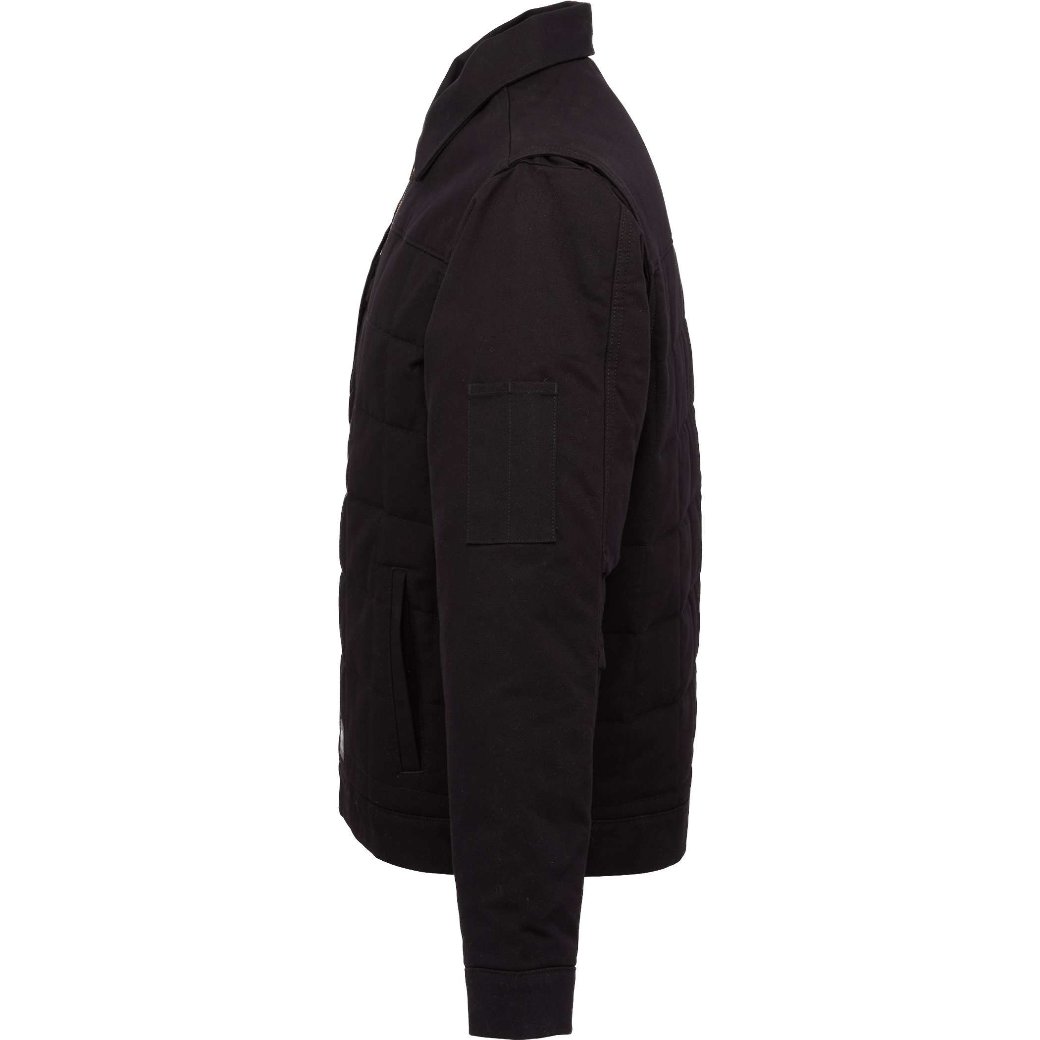 Black Berne Men's Quilted Gasoline Jacket in a durable heavyweight stretch duck shell, featuring geometric quilting, insulated fleece and taffeta lining, zippered chest pocket, fleece-lined hand pockets, and a structured design for warm, comfortable outdoor work.
