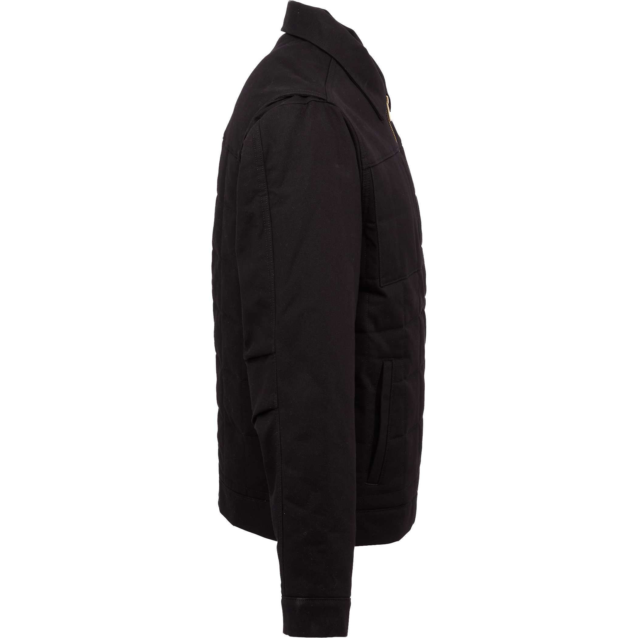 Black Berne Men's Quilted Gasoline Jacket in a durable heavyweight stretch duck shell, featuring geometric quilting, insulated fleece and taffeta lining, zippered chest pocket, fleece-lined hand pockets, and a structured design for warm, comfortable outdoor work.