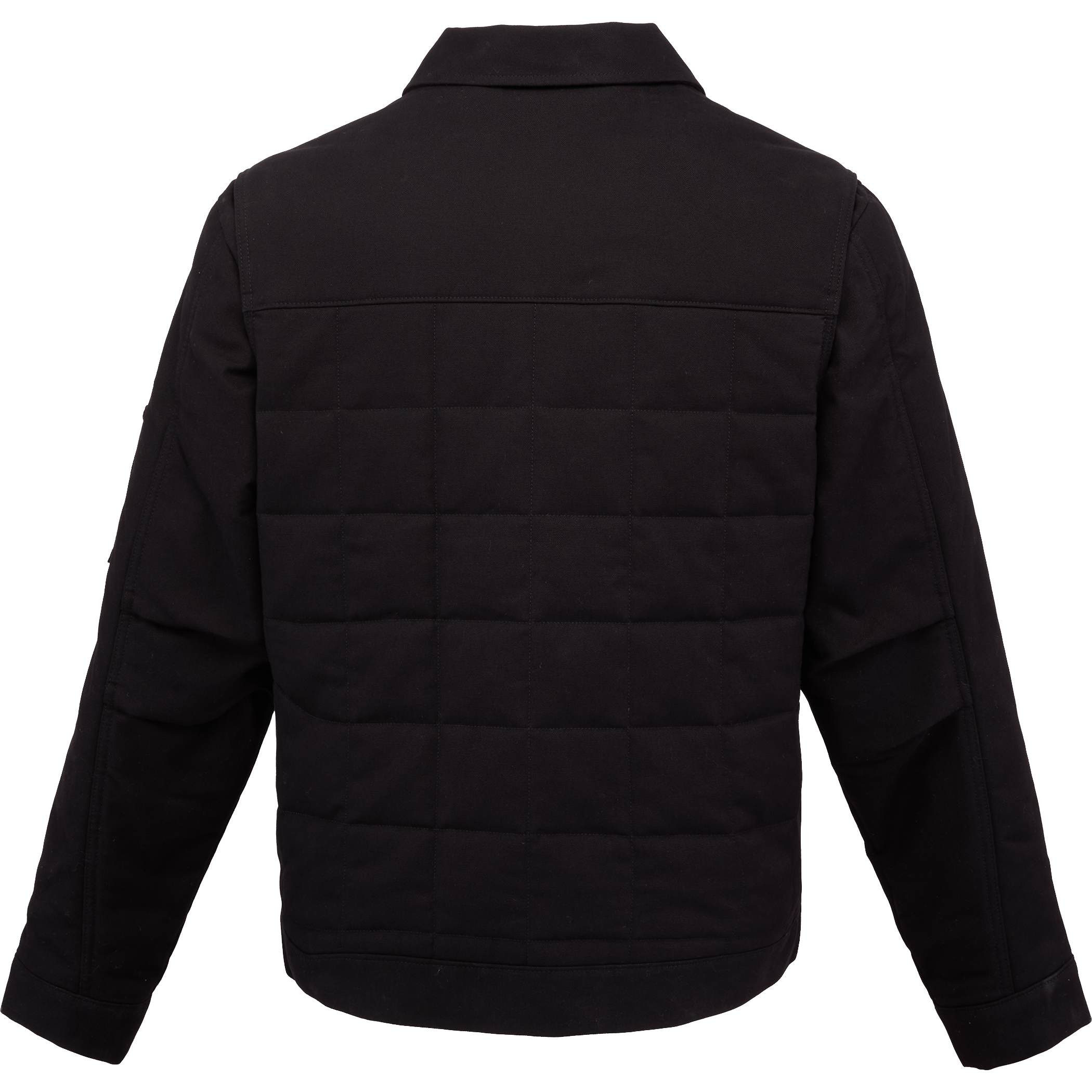 Black Berne Men's Quilted Gasoline Jacket in a durable heavyweight stretch duck shell, featuring geometric quilting, insulated fleece and taffeta lining, zippered chest pocket, fleece-lined hand pockets, and a structured design for warm, comfortable outdoor work.