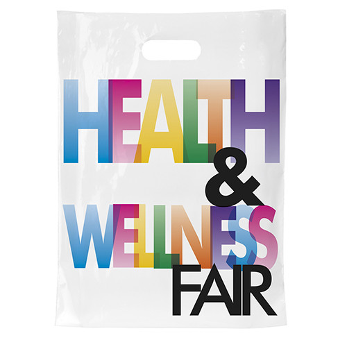 White Custom 12 x 16½ x 3 Digital Full-Color Die Cut Bag in clear 2.0 mil plastic, featuring non-reinforced die-cut handles, a 3-inch bottom gusset, and vibrant full-color custom printing for logos, fine lines, and detailed artwork.