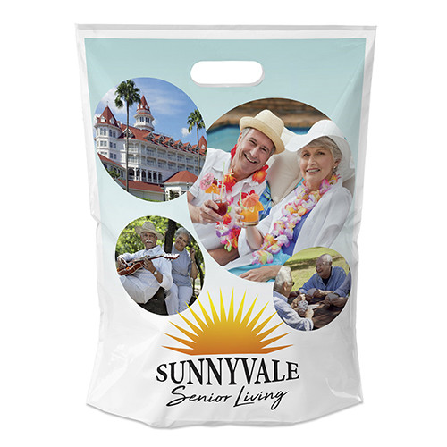 White Custom 12 x 16½ x 3 Digital Full-Color Die Cut Bag in clear 2.0 mil plastic, featuring non-reinforced die-cut handles, a 3-inch bottom gusset, and vibrant full-color custom printing for logos, fine lines, and detailed artwork.