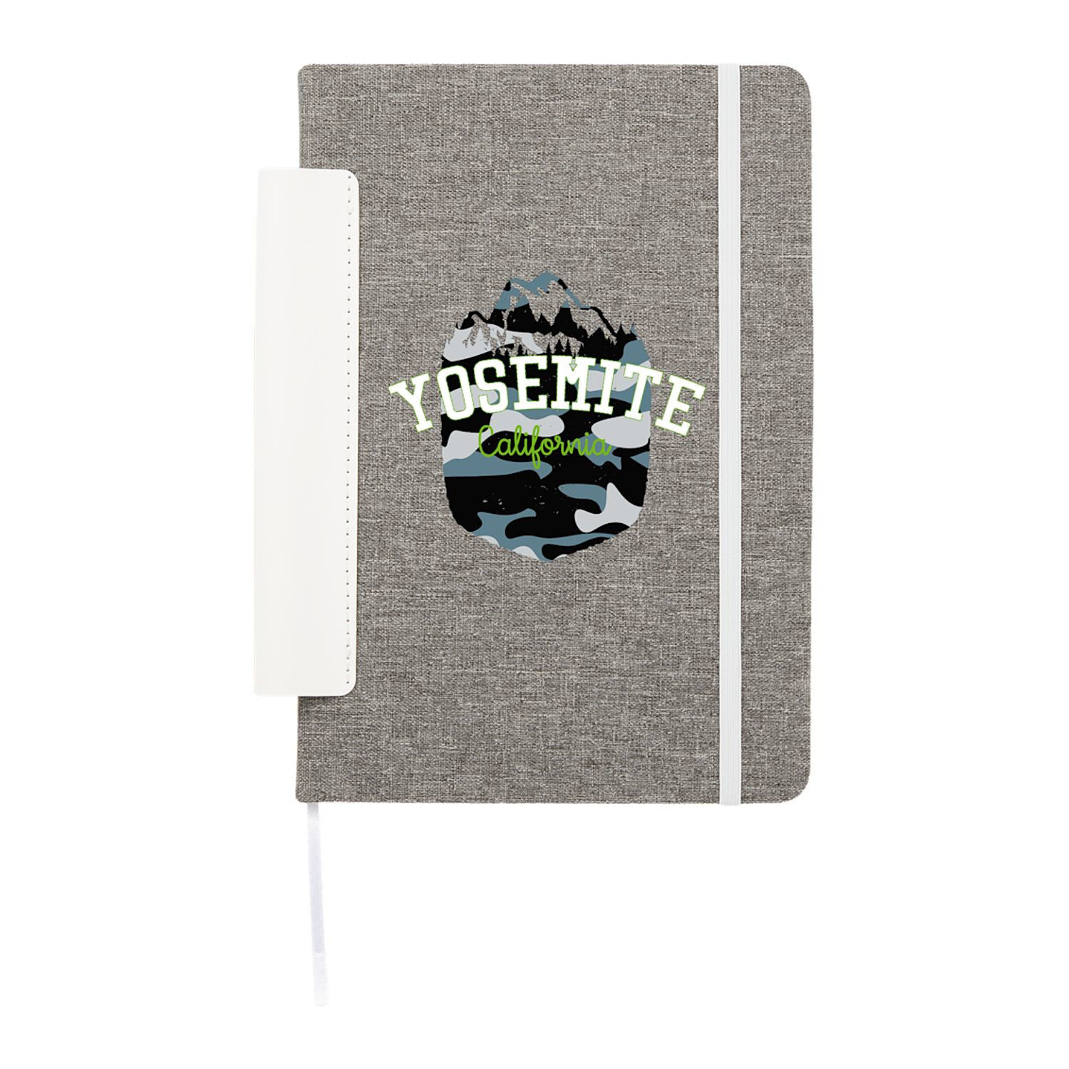White FSC recycled Viper RPET bound notebook with recycled polyester cover, elastic closure, ribbon page marker, and spine-mounted pen loop.