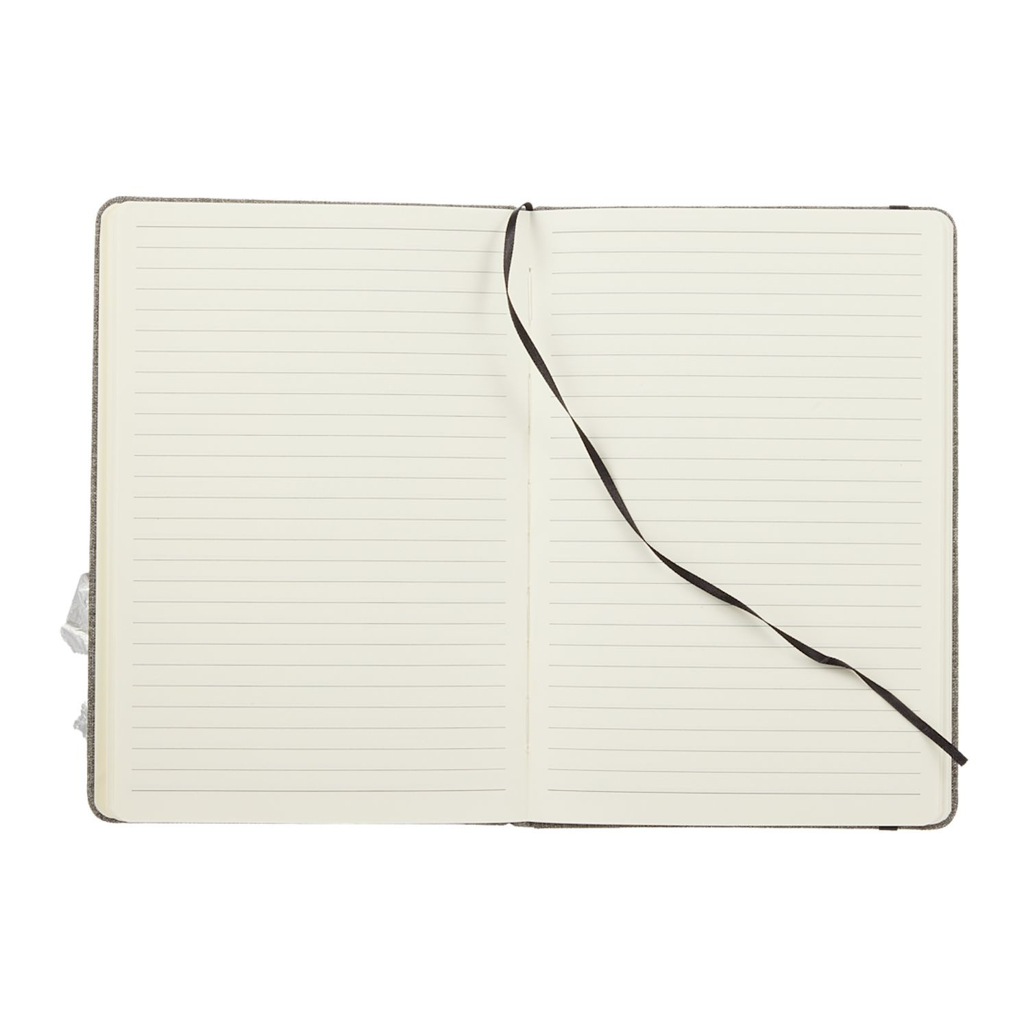 White FSC recycled Viper RPET bound notebook with recycled polyester cover, elastic closure, ribbon page marker, and spine-mounted pen loop.