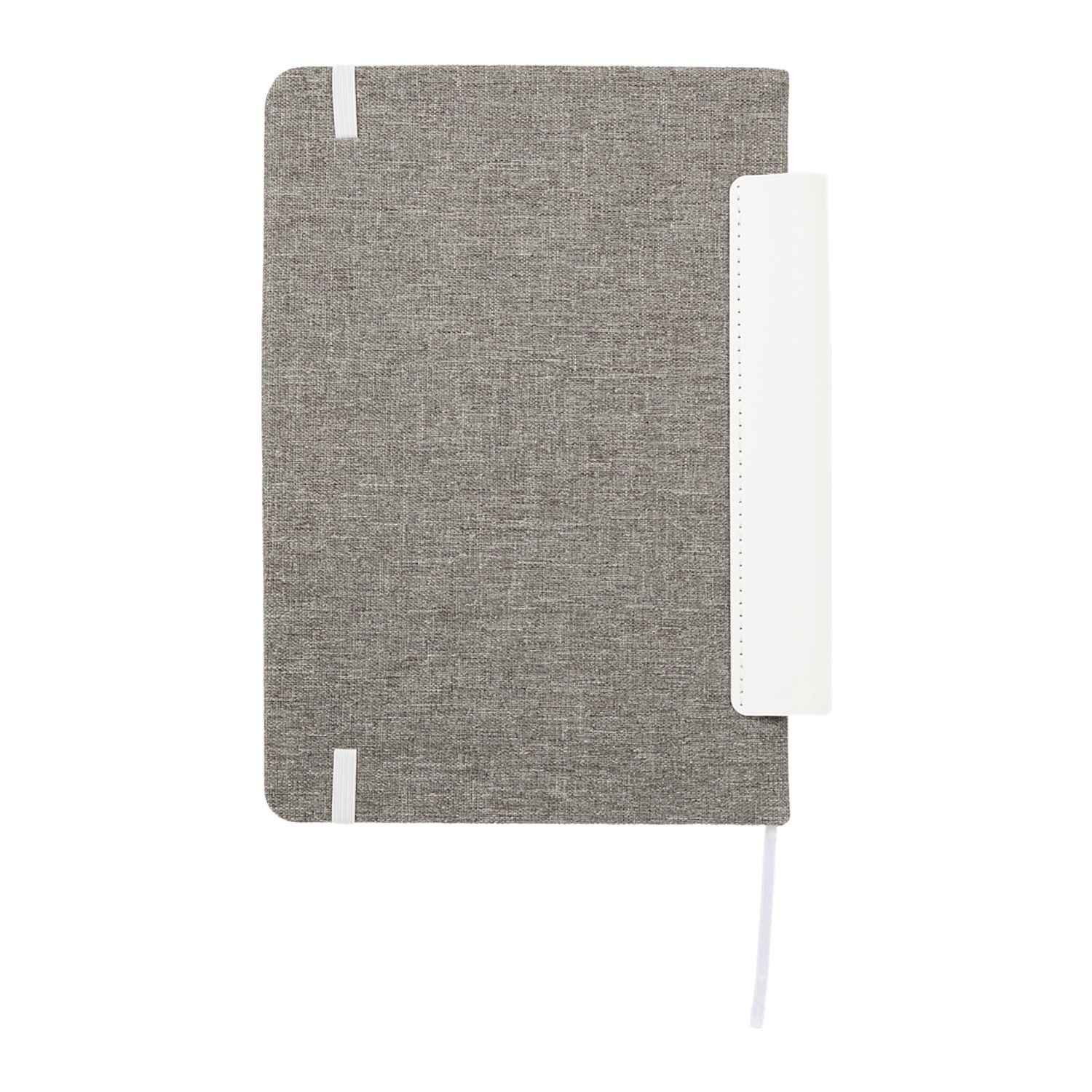White FSC recycled Viper RPET bound notebook with recycled polyester cover, elastic closure, ribbon page marker, and spine-mounted pen loop.