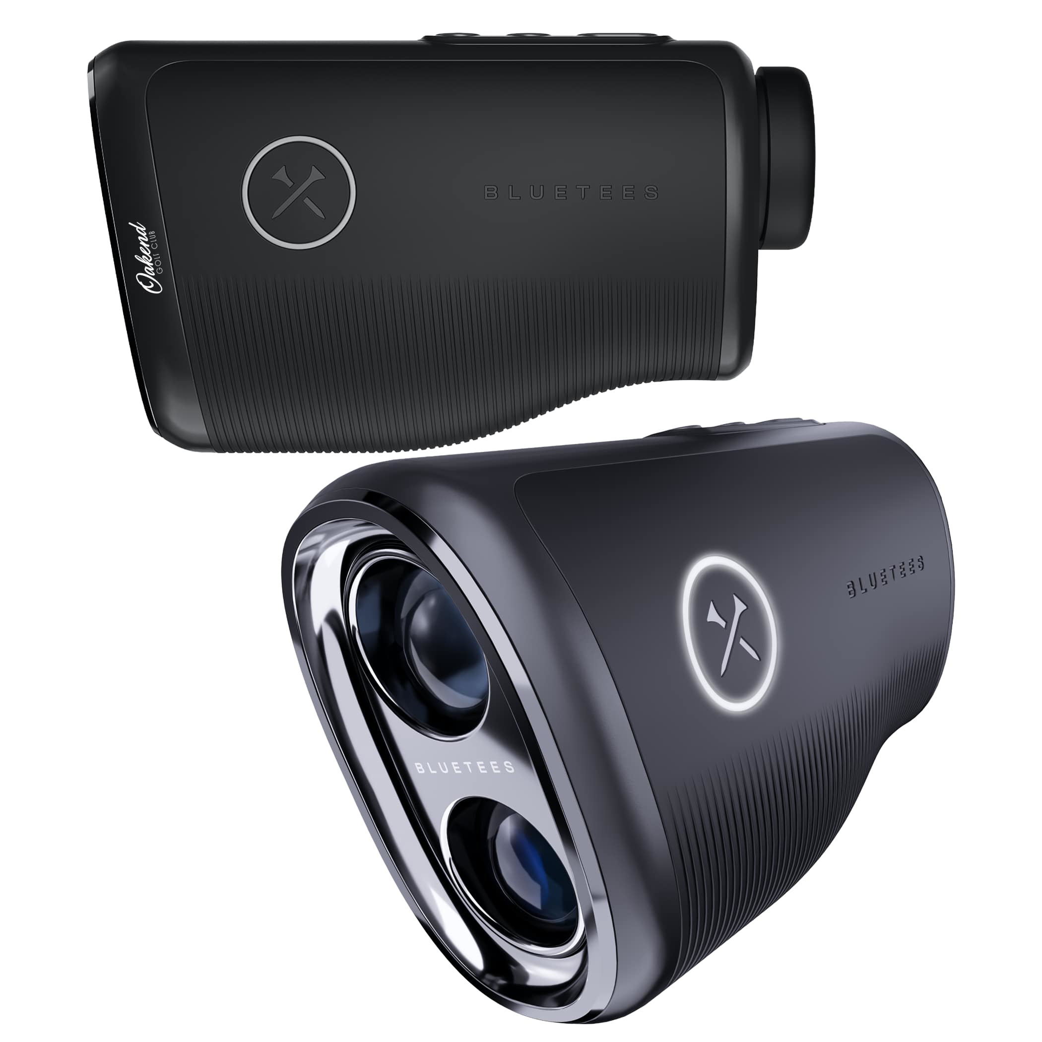 Black Blue Tees golf rangefinder with a modern durable design, multi-color OLED display, laser distance measurement, and Bluetooth connectivity, designed for accurate yardage and GPS course data on the golf course.