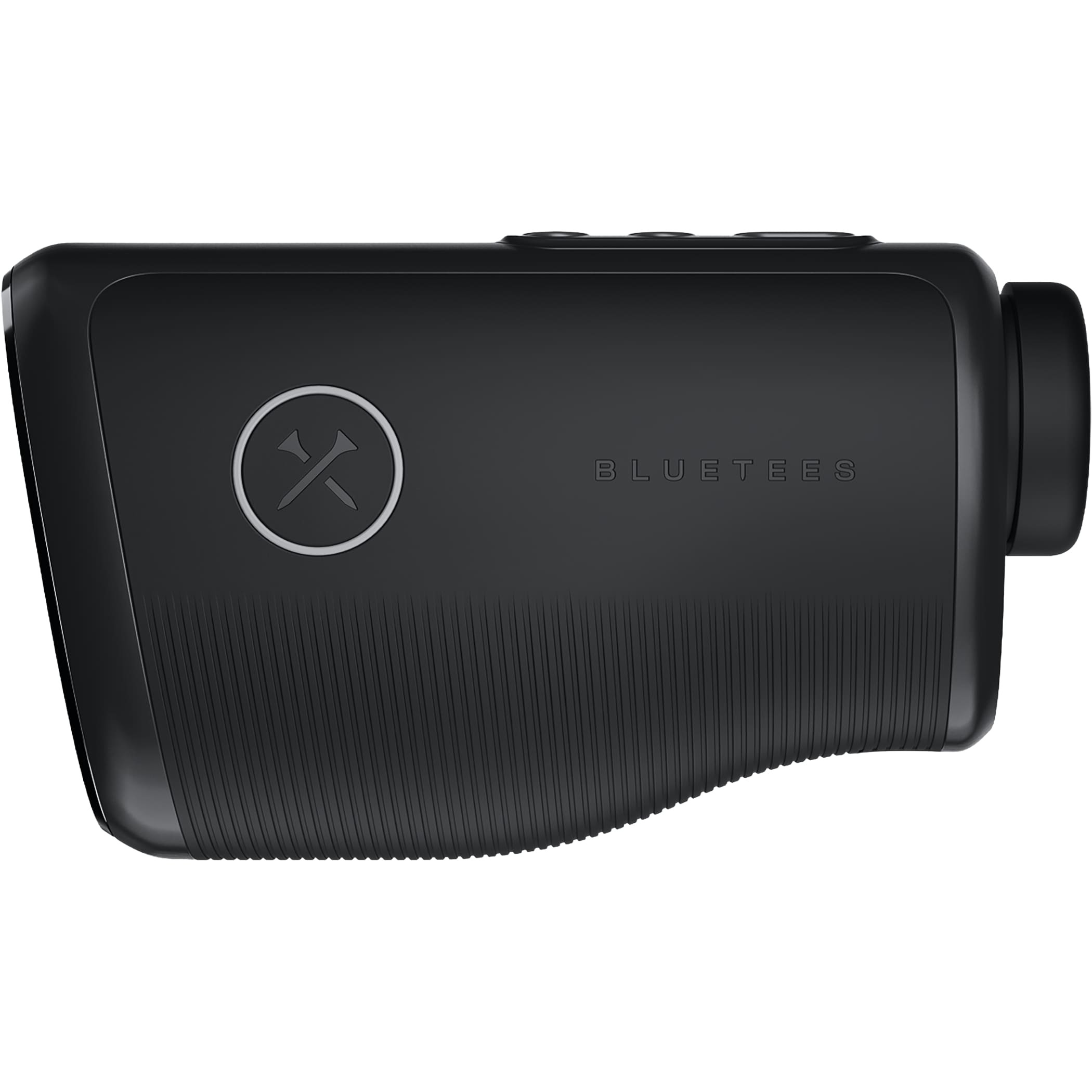 Black Blue Tees golf rangefinder with a modern durable design, multi-color OLED display, laser distance measurement, and Bluetooth connectivity, designed for accurate yardage and GPS course data on the golf course.