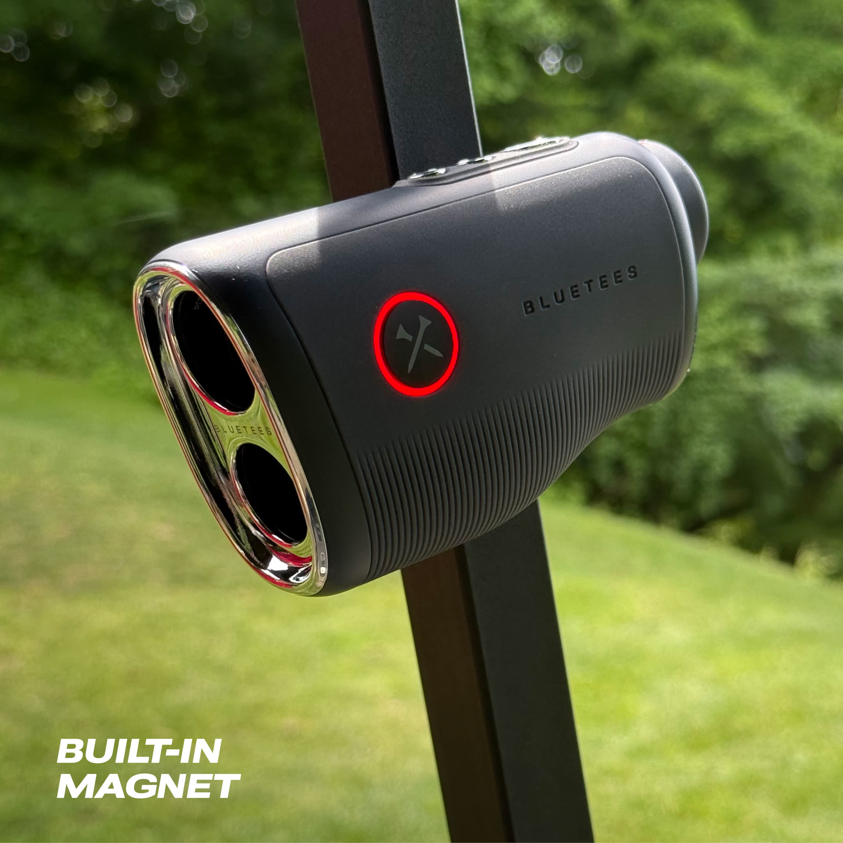 Black Blue Tees golf rangefinder with a modern durable design, multi-color OLED display, laser distance measurement, and Bluetooth connectivity, designed for accurate yardage and GPS course data on the golf course.