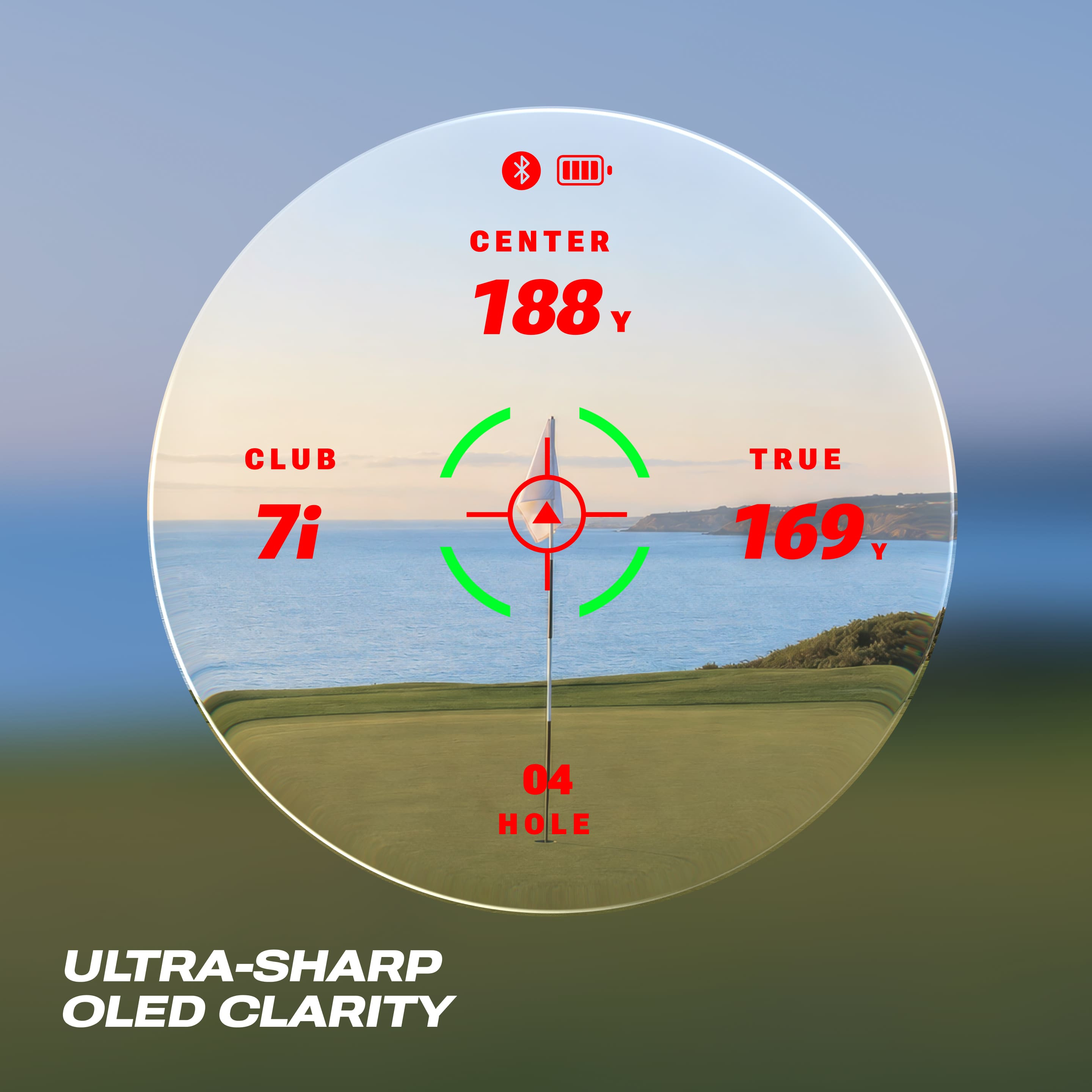Black Blue Tees golf rangefinder with a modern durable design, multi-color OLED display, laser distance measurement, and Bluetooth connectivity, designed for accurate yardage and GPS course data on the golf course.