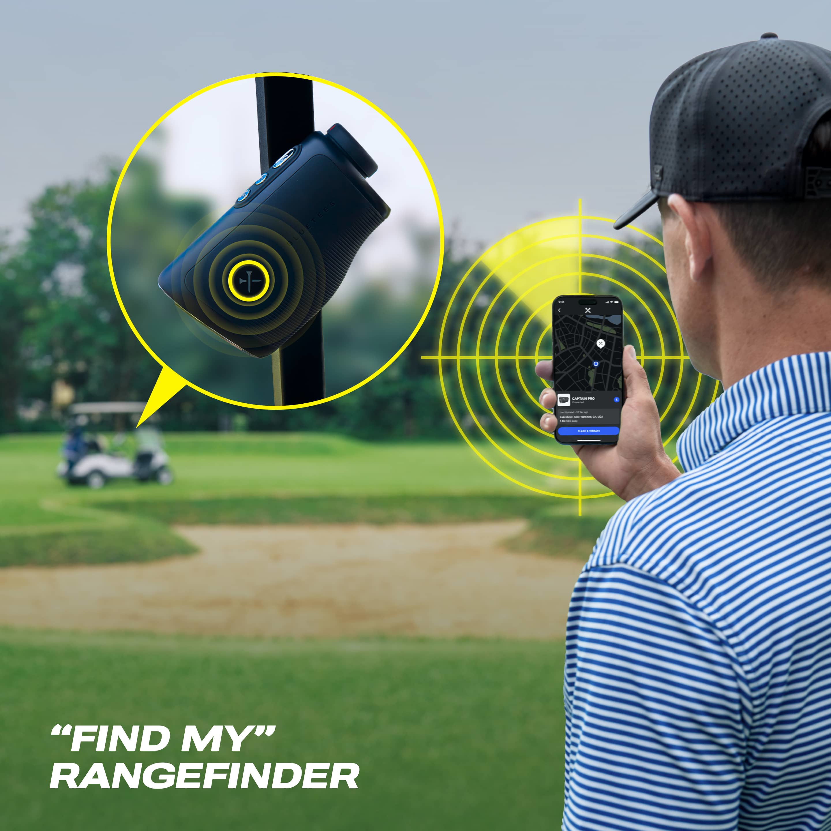 Black Blue Tees golf rangefinder with a modern durable design, multi-color OLED display, laser distance measurement, and Bluetooth connectivity, designed for accurate yardage and GPS course data on the golf course.
