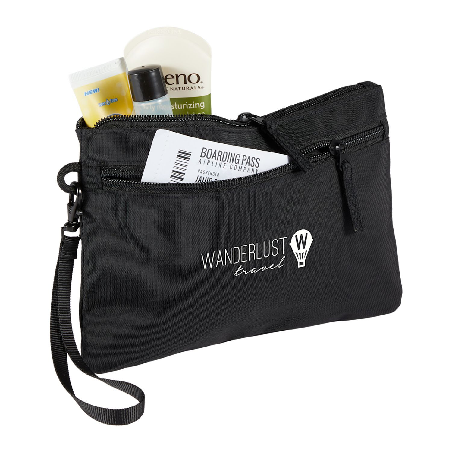 Black Avery wristlet made from 100% recycled 400D crinkle fabric with a wrist strap, front zippered pocket, and spacious main compartment for organizing everyday essentials.