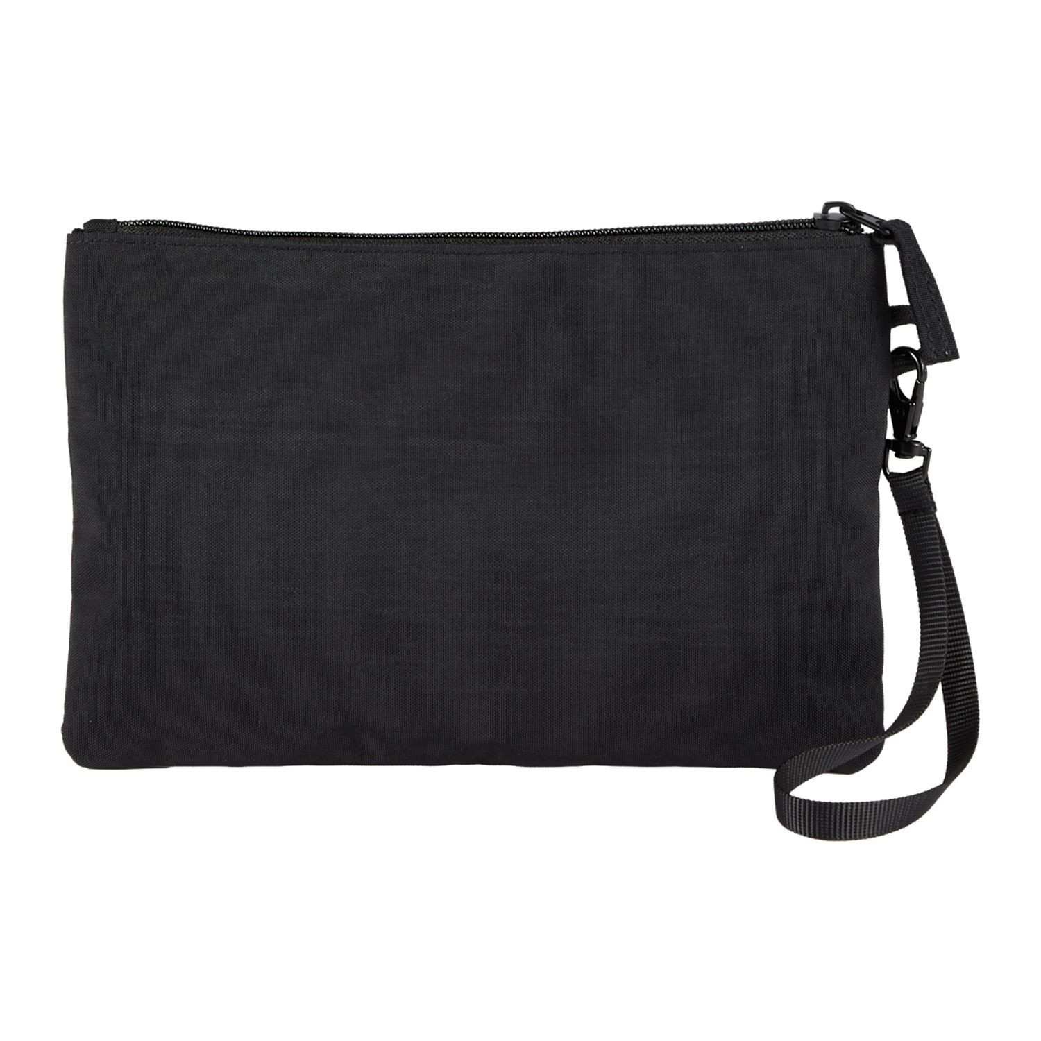 Black Avery wristlet made from 100% recycled 400D crinkle fabric with a wrist strap, front zippered pocket, and spacious main compartment for organizing everyday essentials.