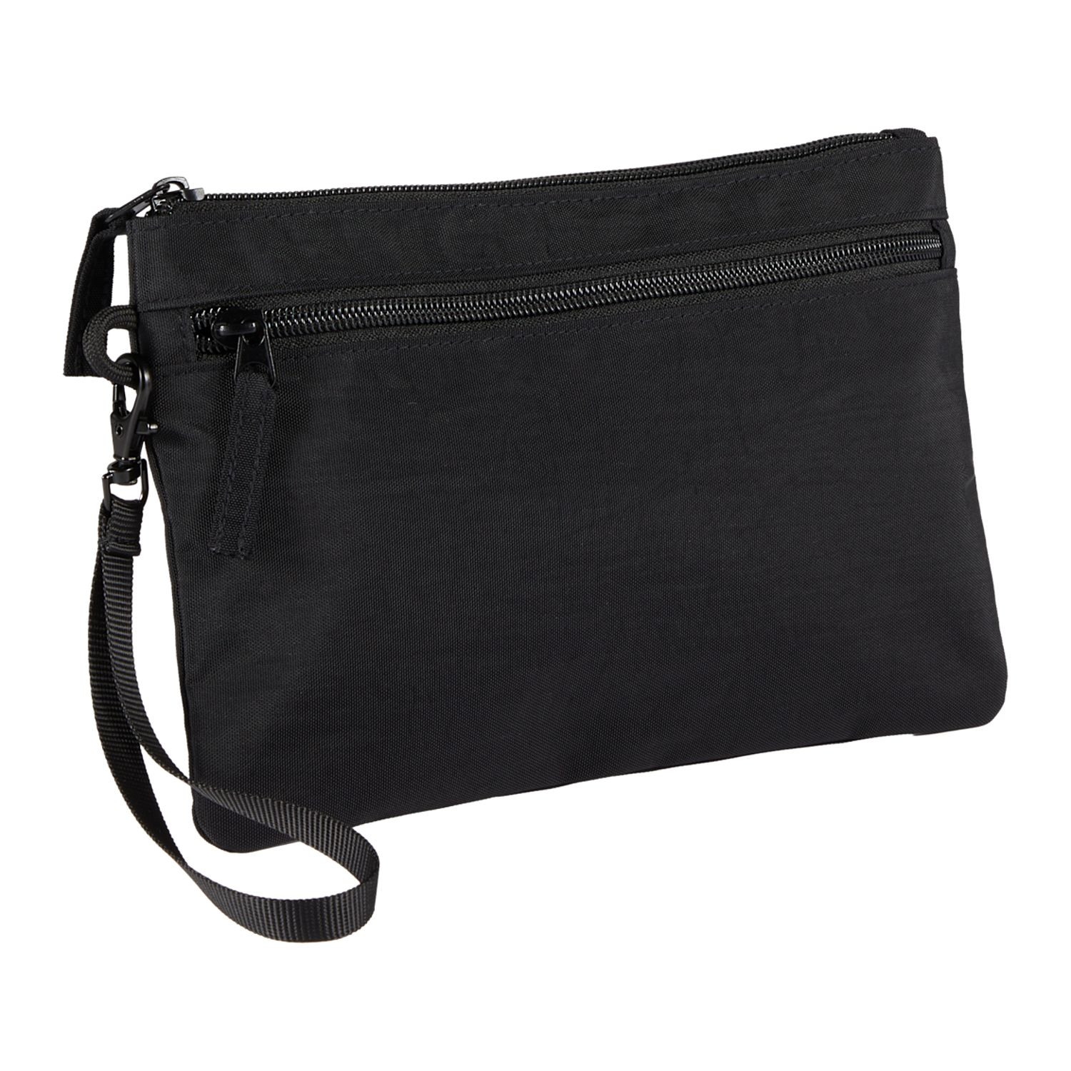 Black Avery wristlet made from 100% recycled 400D crinkle fabric with a wrist strap, front zippered pocket, and spacious main compartment for organizing everyday essentials.