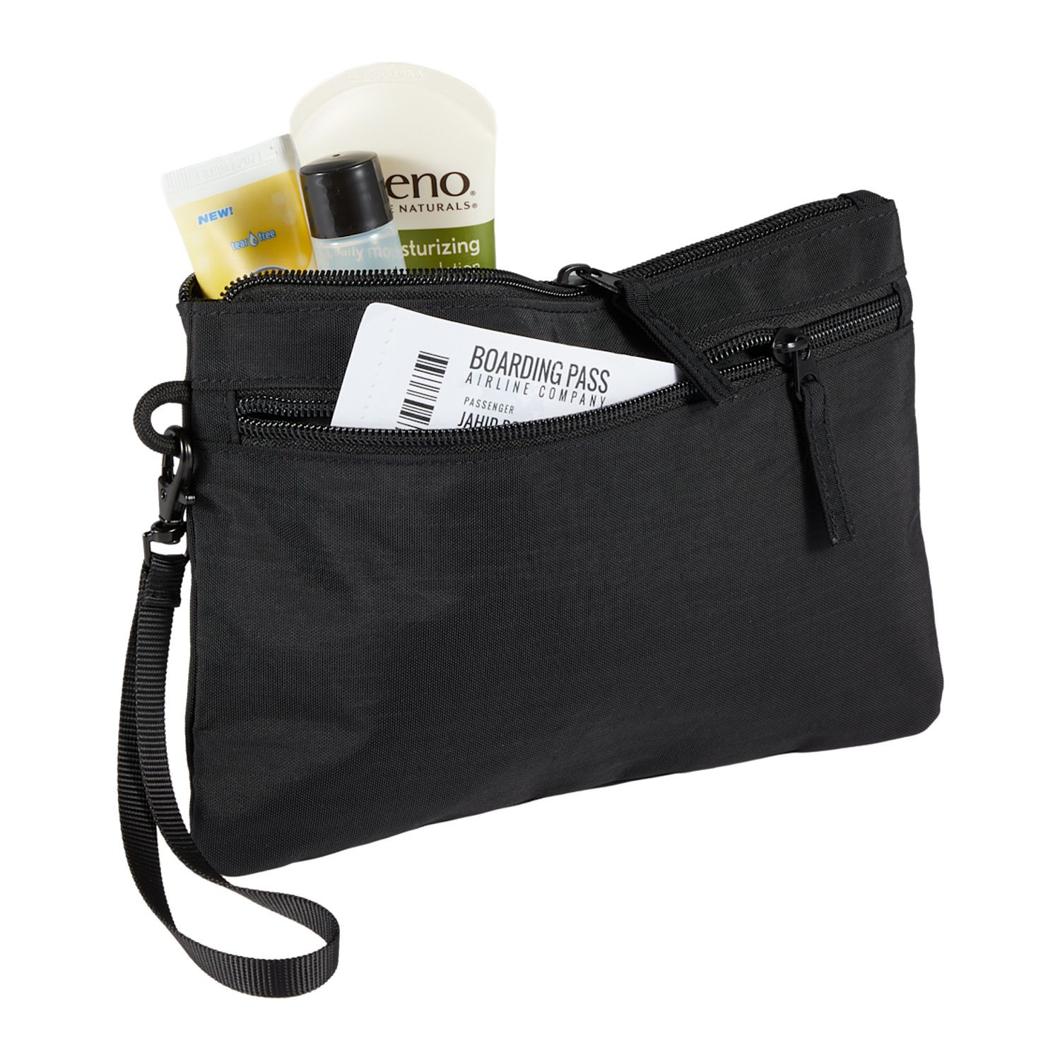 Black Avery wristlet made from 100% recycled 400D crinkle fabric with a wrist strap, front zippered pocket, and spacious main compartment for organizing everyday essentials.