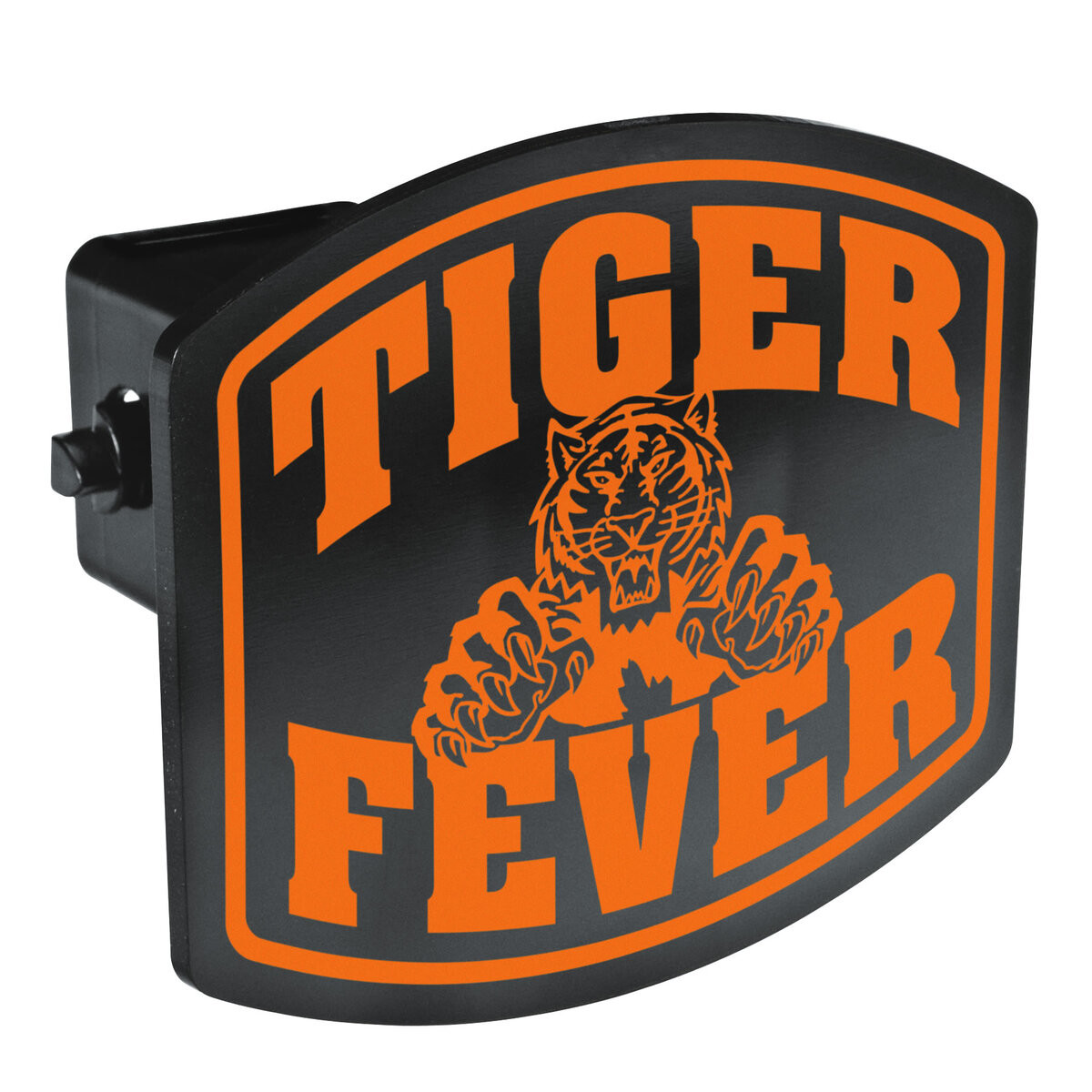 5" x 4 3/8" Arched Hitch Cover, durable black ABS plastic with a curved design and scratch-resistant screen-printed decoration, fits most 2-inch vehicle receivers for displaying team logos or custom messages.