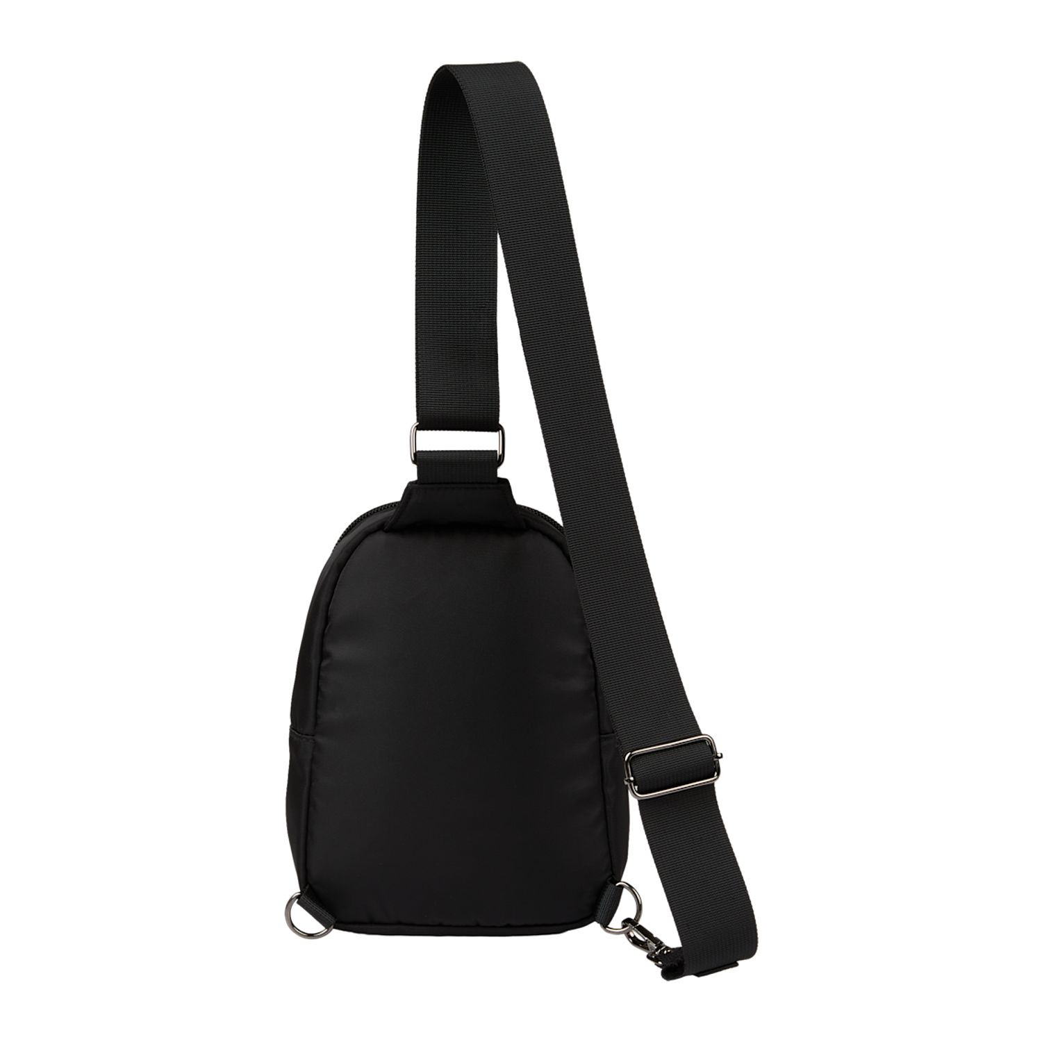 Black travel sling made from 100% recycled 290D twill fabric with a spacious main compartment, interior mesh pocket, front zippered pocket, and adjustable crossbody strap.