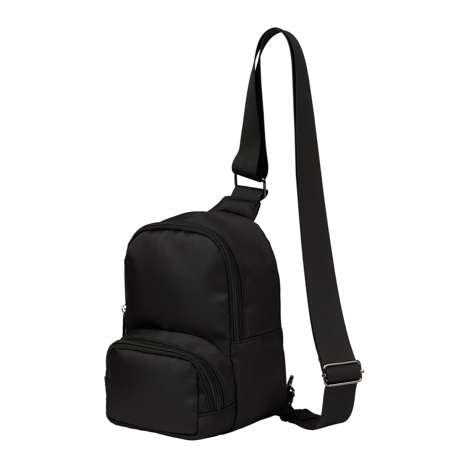 Black travel sling made from 100% recycled 290D twill fabric with a spacious main compartment, interior mesh pocket, front zippered pocket, and adjustable crossbody strap.