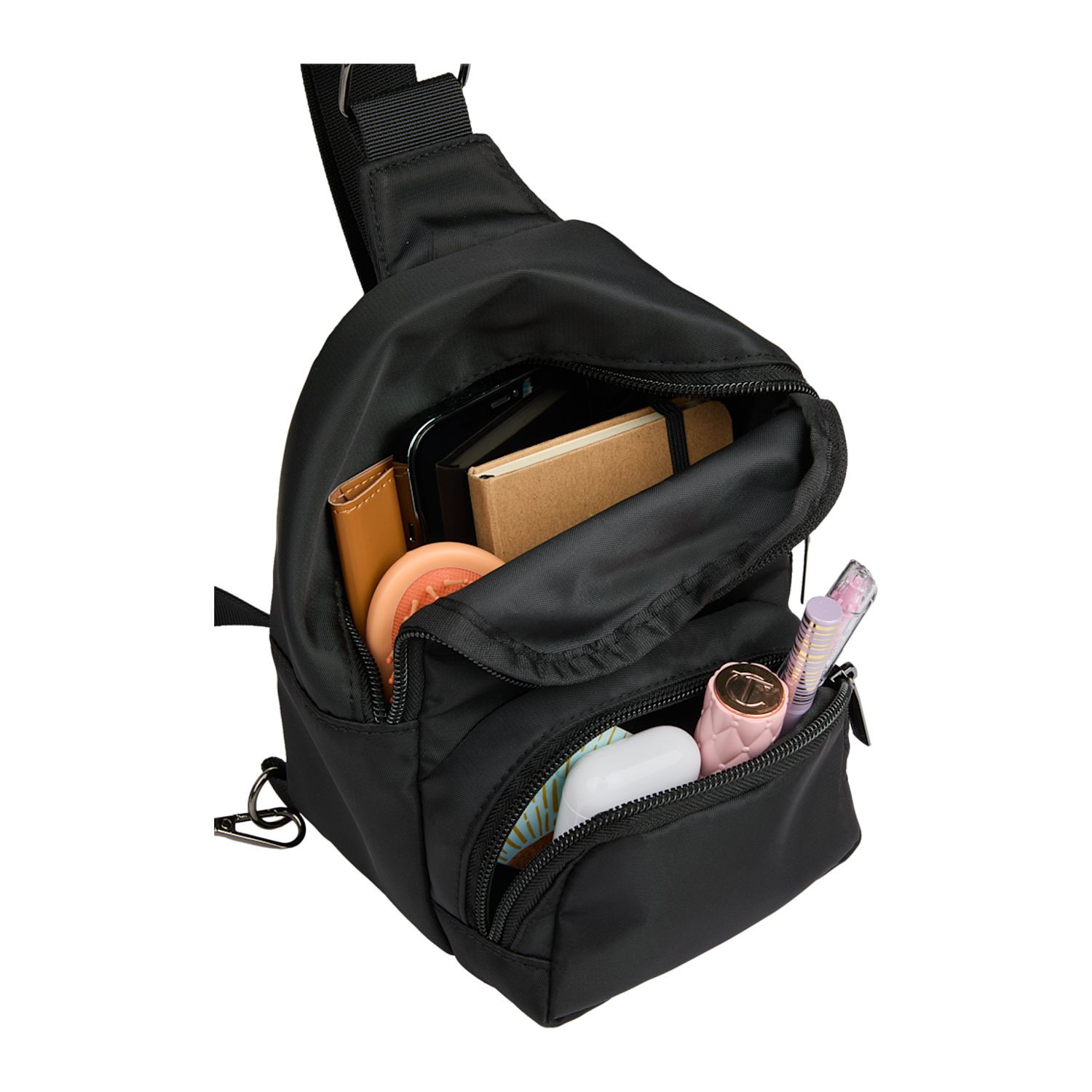 Black travel sling made from 100% recycled 290D twill fabric with a spacious main compartment, interior mesh pocket, front zippered pocket, and adjustable crossbody strap.