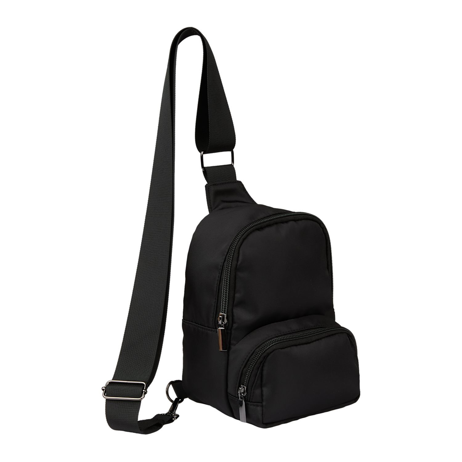 Black travel sling made from 100% recycled 290D twill fabric with a spacious main compartment, interior mesh pocket, front zippered pocket, and adjustable crossbody strap.