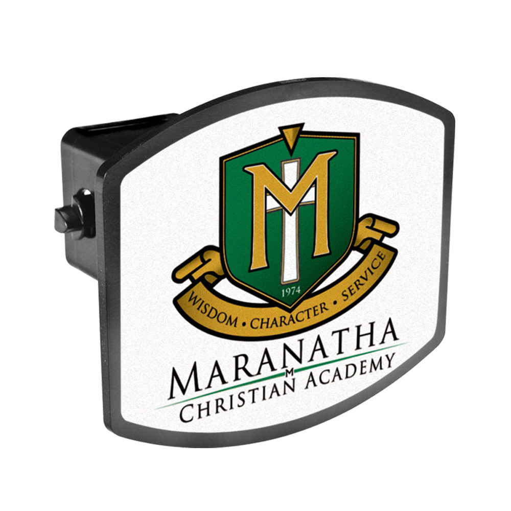 Arched ABS plastic hitch cover with a full-color laminated surface, designed to fit most 2-inch vehicle receivers and display promotional branding.