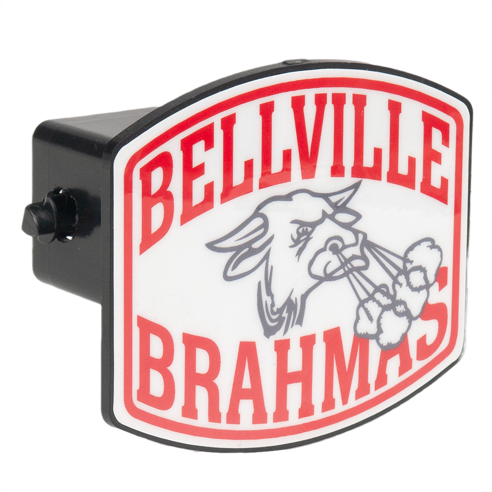 Arched ABS plastic hitch cover with a full-color laminated surface, designed to fit most 2-inch vehicle receivers and display promotional branding.