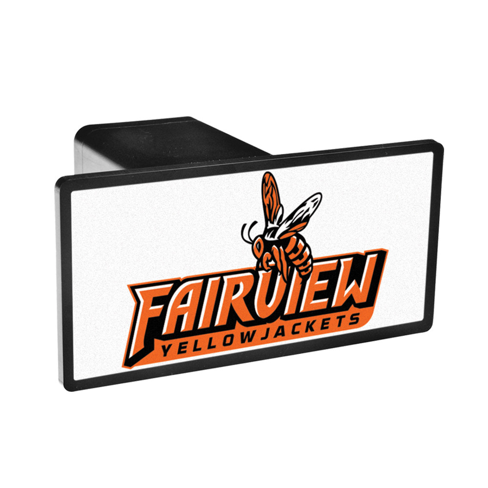 5 1/4" x 2 5/8" Rectangle Hitch Cover made of durable ABS plastic, featuring a full-color laminated decal for displaying team logos, custom graphics, or messages on standard 2-inch vehicle receivers.