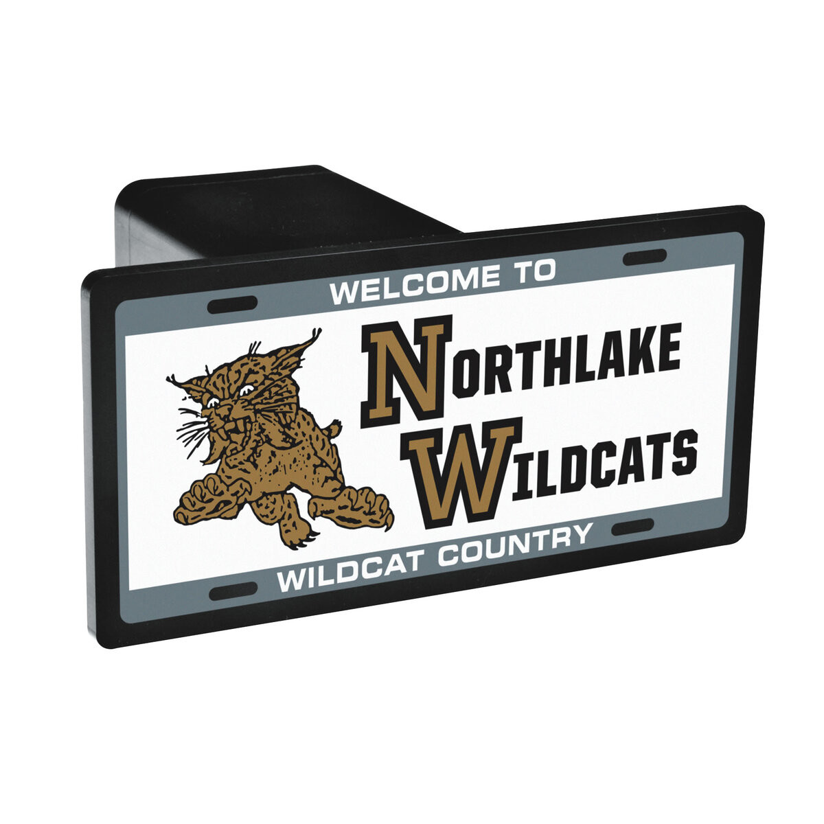 5 1/4" x 2 5/8" Rectangle Hitch Cover made of durable ABS plastic, featuring a full-color laminated decal for displaying team logos, custom graphics, or messages on standard 2-inch vehicle receivers.