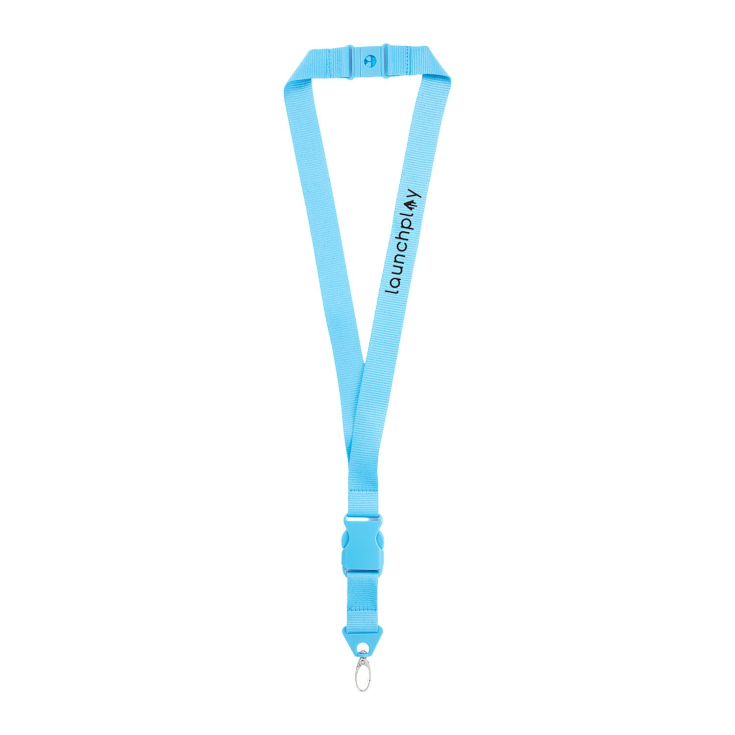 Blue polyester lanyard with a detachable buckle, swivel metal hook, and safety breakaway clasp for securely holding ID badges, keys, and credentials.