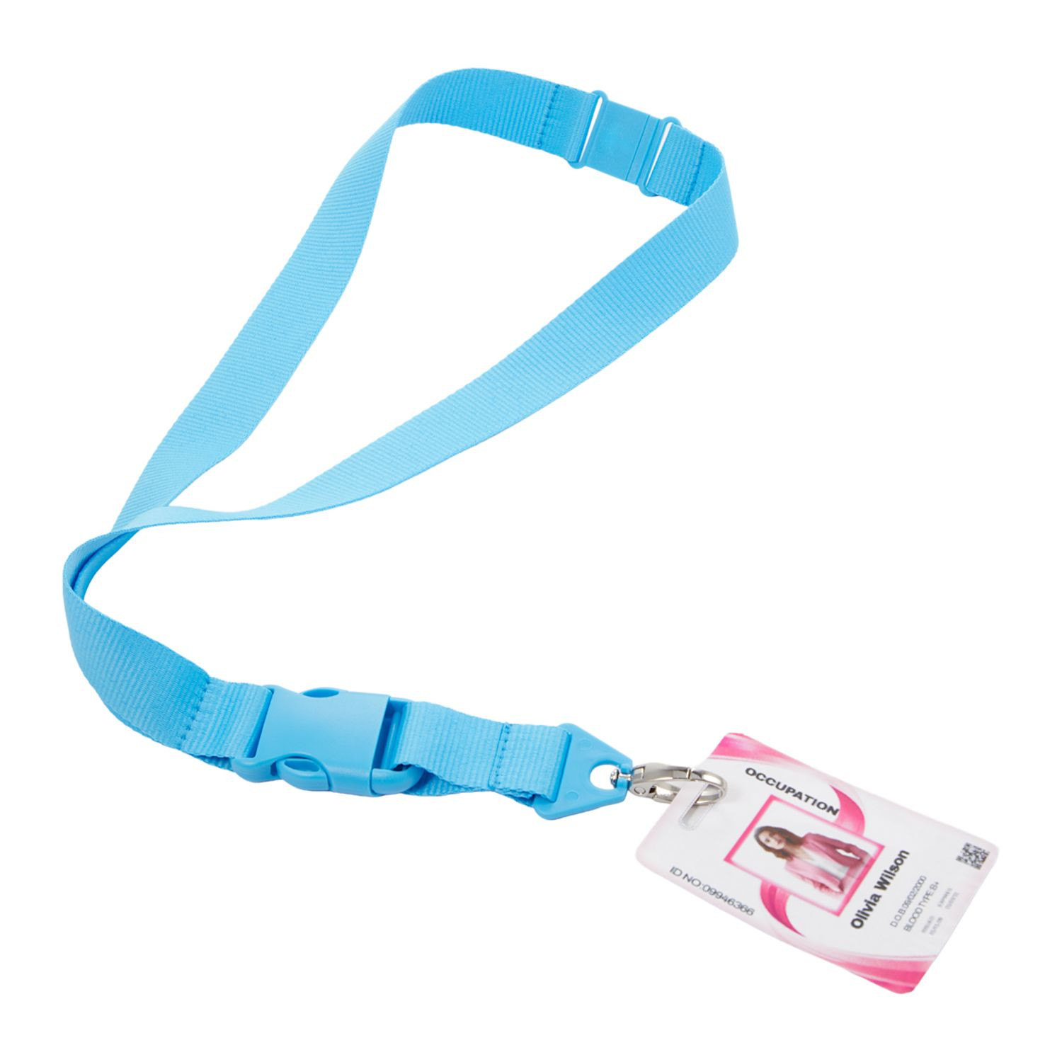 Blue polyester lanyard with a detachable buckle, swivel metal hook, and safety breakaway clasp for securely holding ID badges, keys, and credentials.