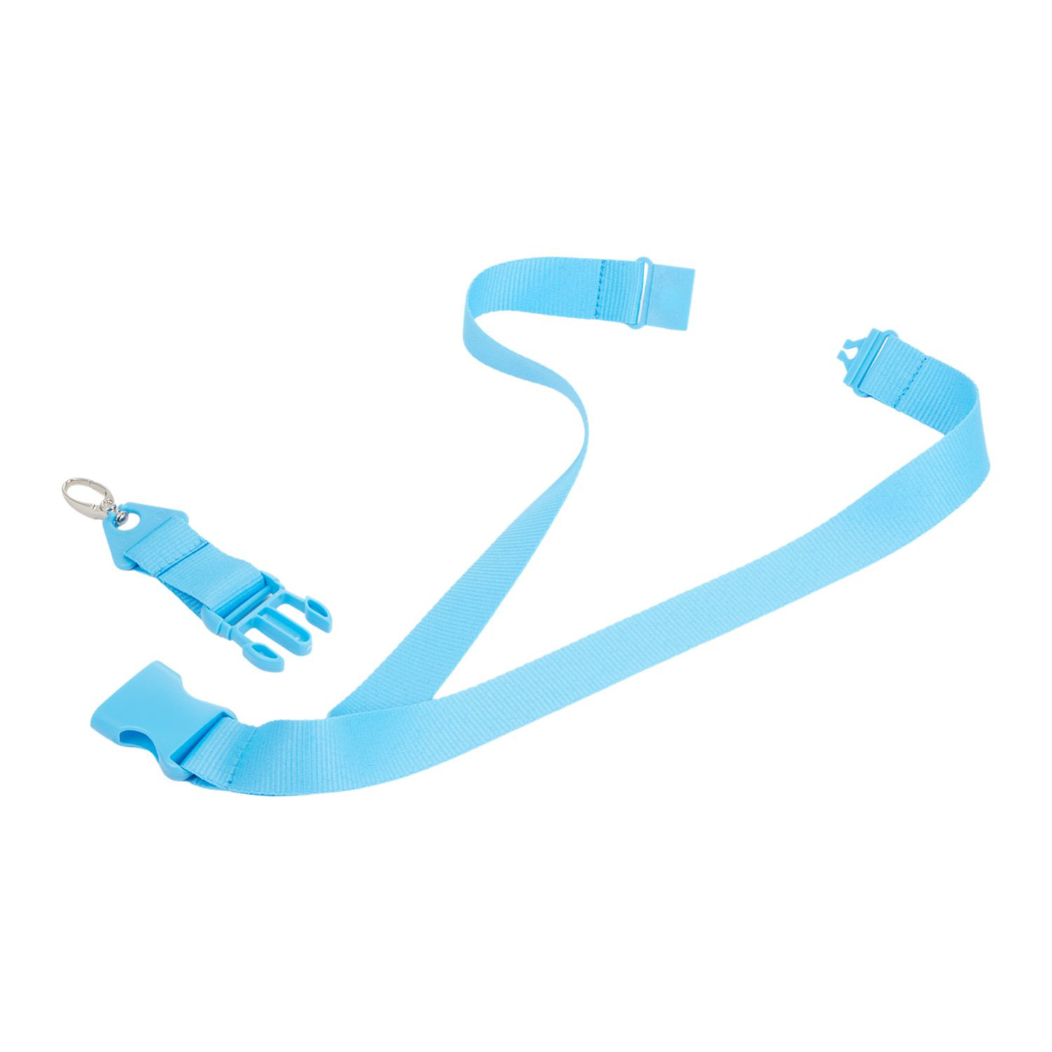 Blue polyester lanyard with a detachable buckle, swivel metal hook, and safety breakaway clasp for securely holding ID badges, keys, and credentials.