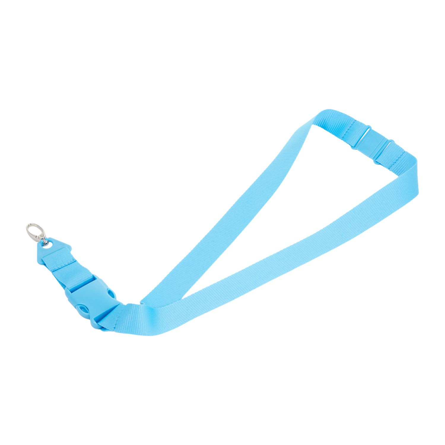 Blue polyester lanyard with a detachable buckle, swivel metal hook, and safety breakaway clasp for securely holding ID badges, keys, and credentials.