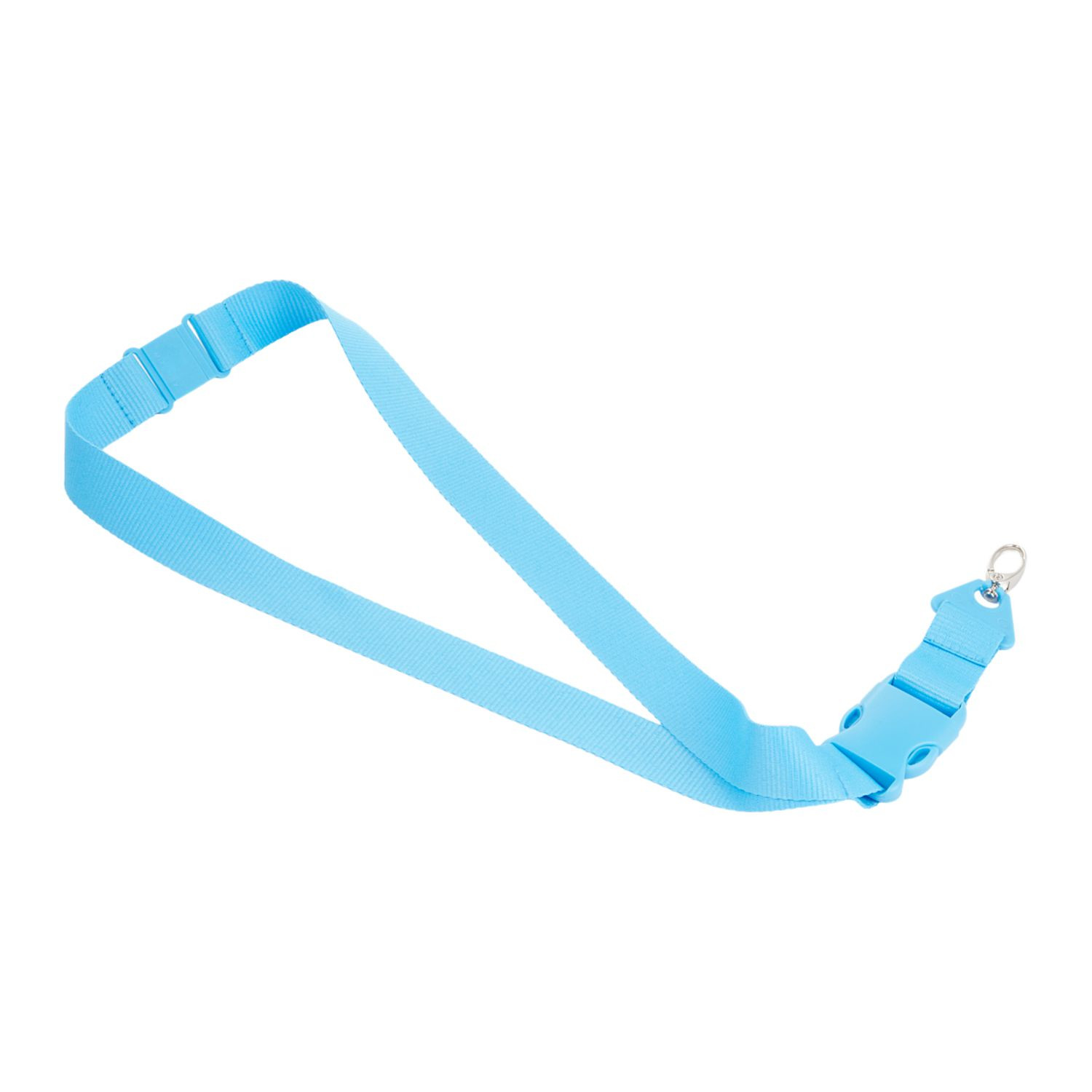 Blue polyester lanyard with a detachable buckle, swivel metal hook, and safety breakaway clasp for securely holding ID badges, keys, and credentials.