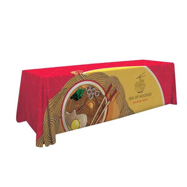 Full table throw designed for 8' tables, featuring draped corners, recycled polyester, and vibrant dye-sublimated artwork.