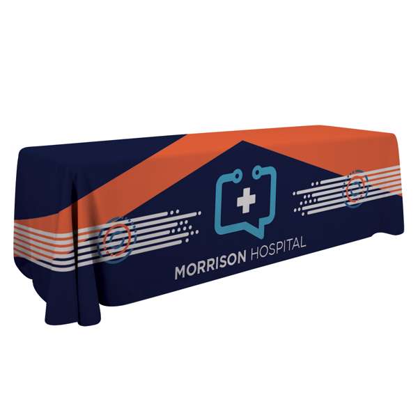 Open-back table throw designed for 8' tables, featuring recycled polyester, draped corners, and full dye-sublimated artwork.