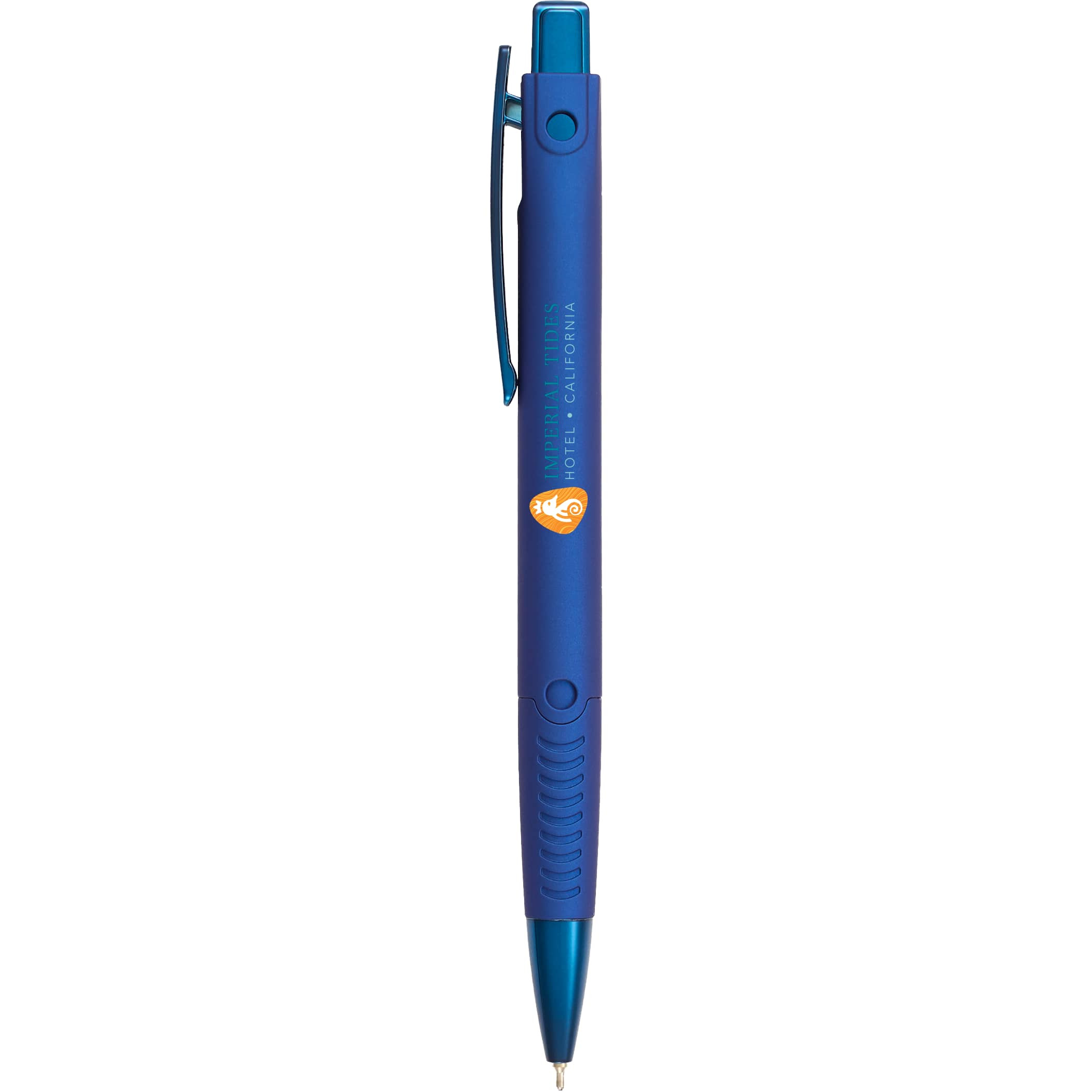 Blue Denver Recycled Gel Pen with sleek UV-painted accents, recycled ABS barrel, 0.7 mm tip, and click-action design for smooth everyday writing.