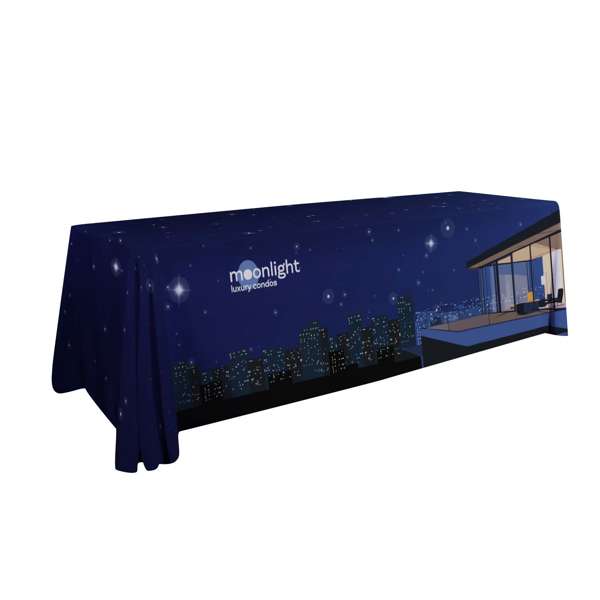 Premium 8' table throw with nearly opaque two-way stretch fabric, full-color dye-sublimated artwork, and hemmed edges for a polished, professional look.