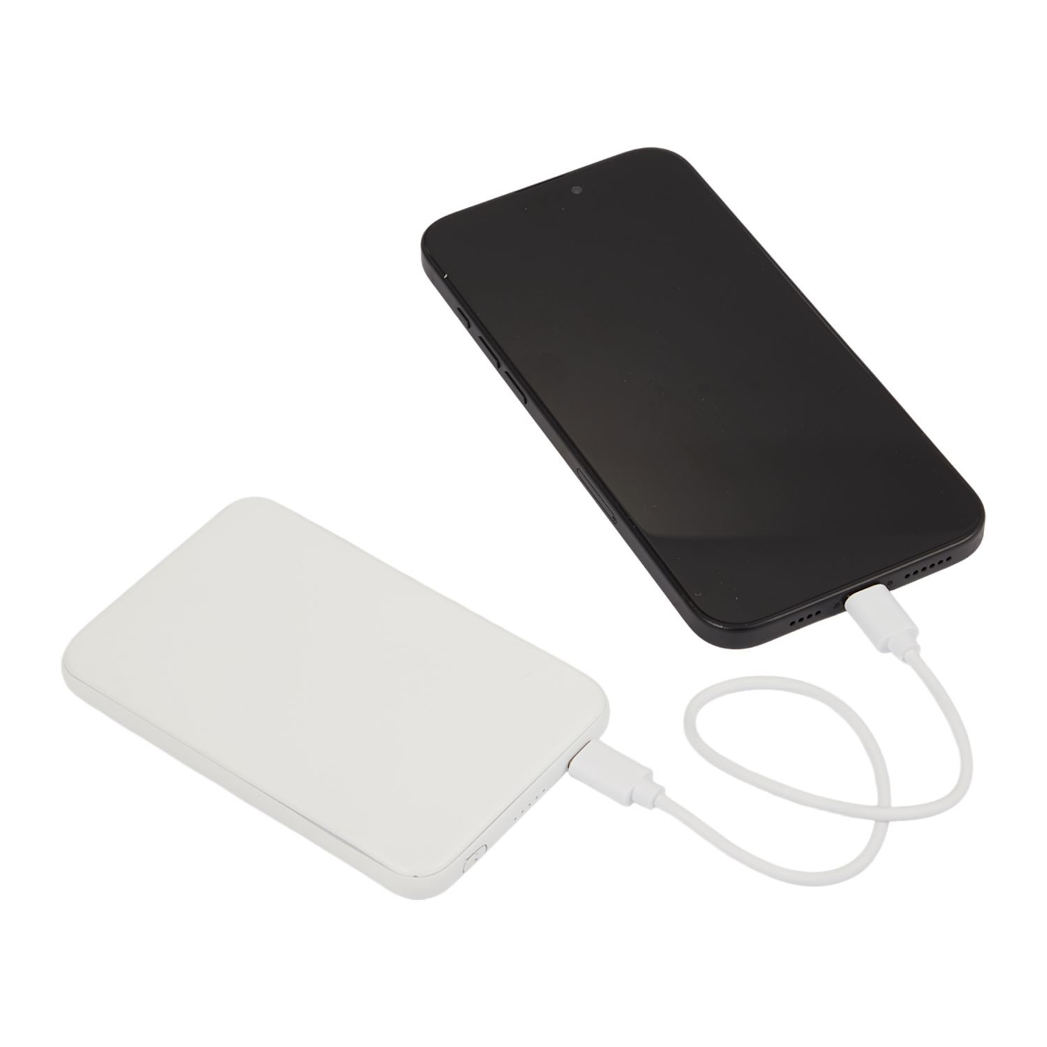 White slim 4,000 mAh power bank with magnetic wireless charging, USB-C output, five LED battery indicators, and USB-C charging cable.