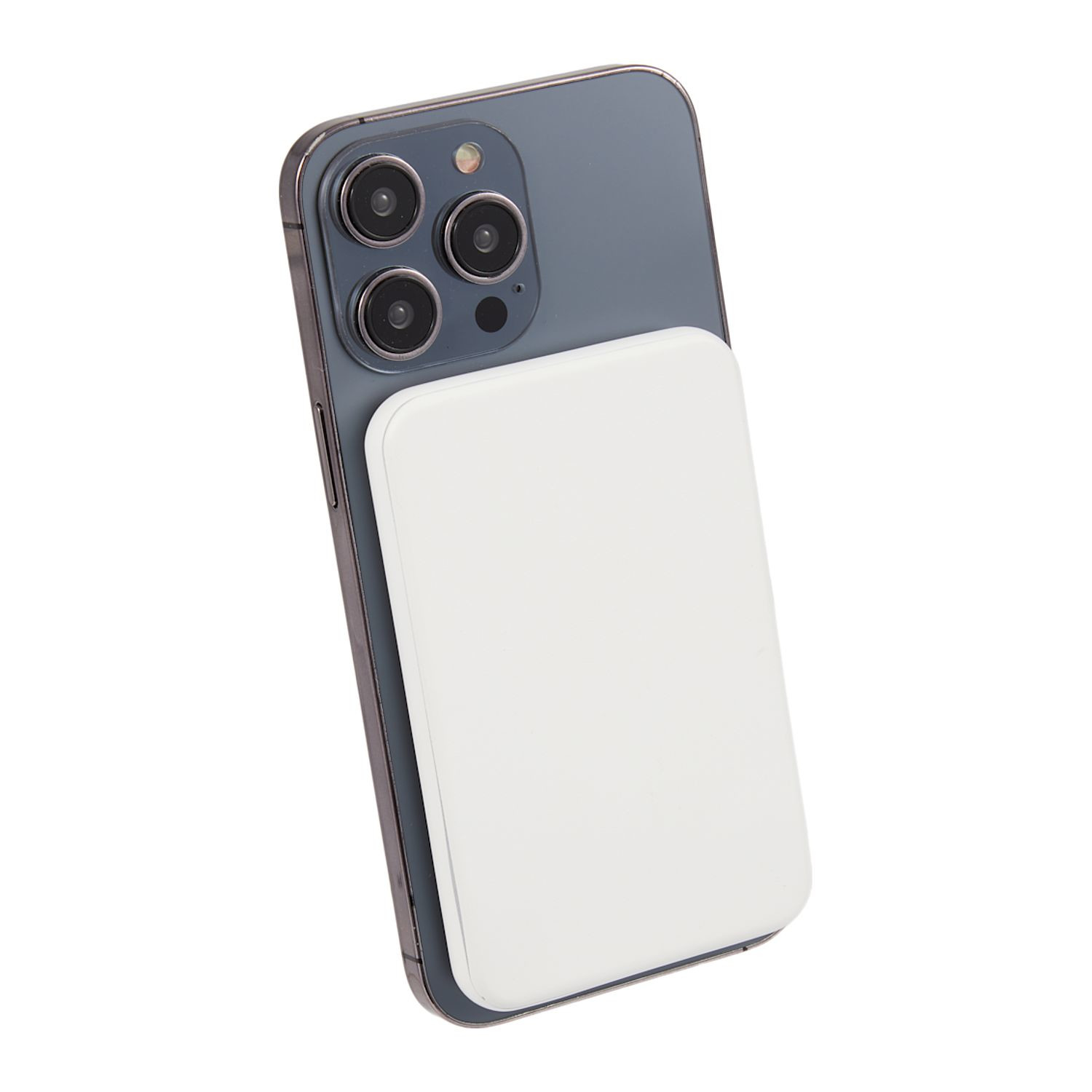 White slim 4,000 mAh power bank with magnetic wireless charging, USB-C output, five LED battery indicators, and USB-C charging cable.