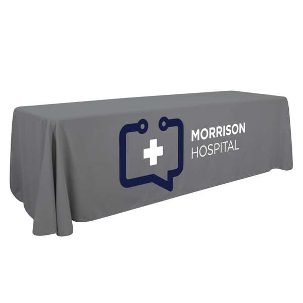 Gray Open-back table throw for 8' tables, featuring recycled polyester, draped corners, and front-imprinted artwork with a clean serged edge.