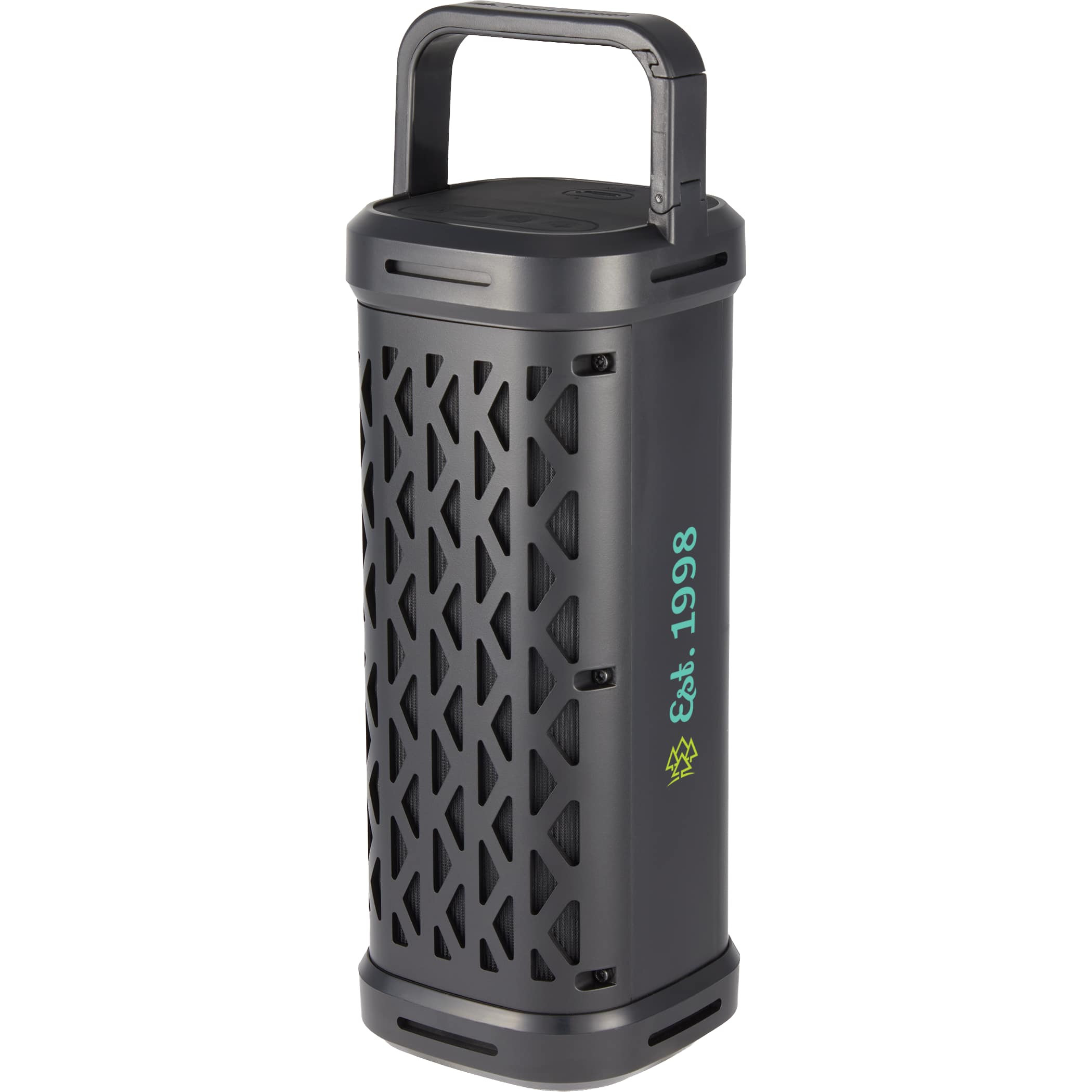 Black High Sierra Trail Grip Magnetic Outdoor Speaker with a rugged design, built-in magnet, carabiner-style handle, and waterproof construction for portable outdoor music.