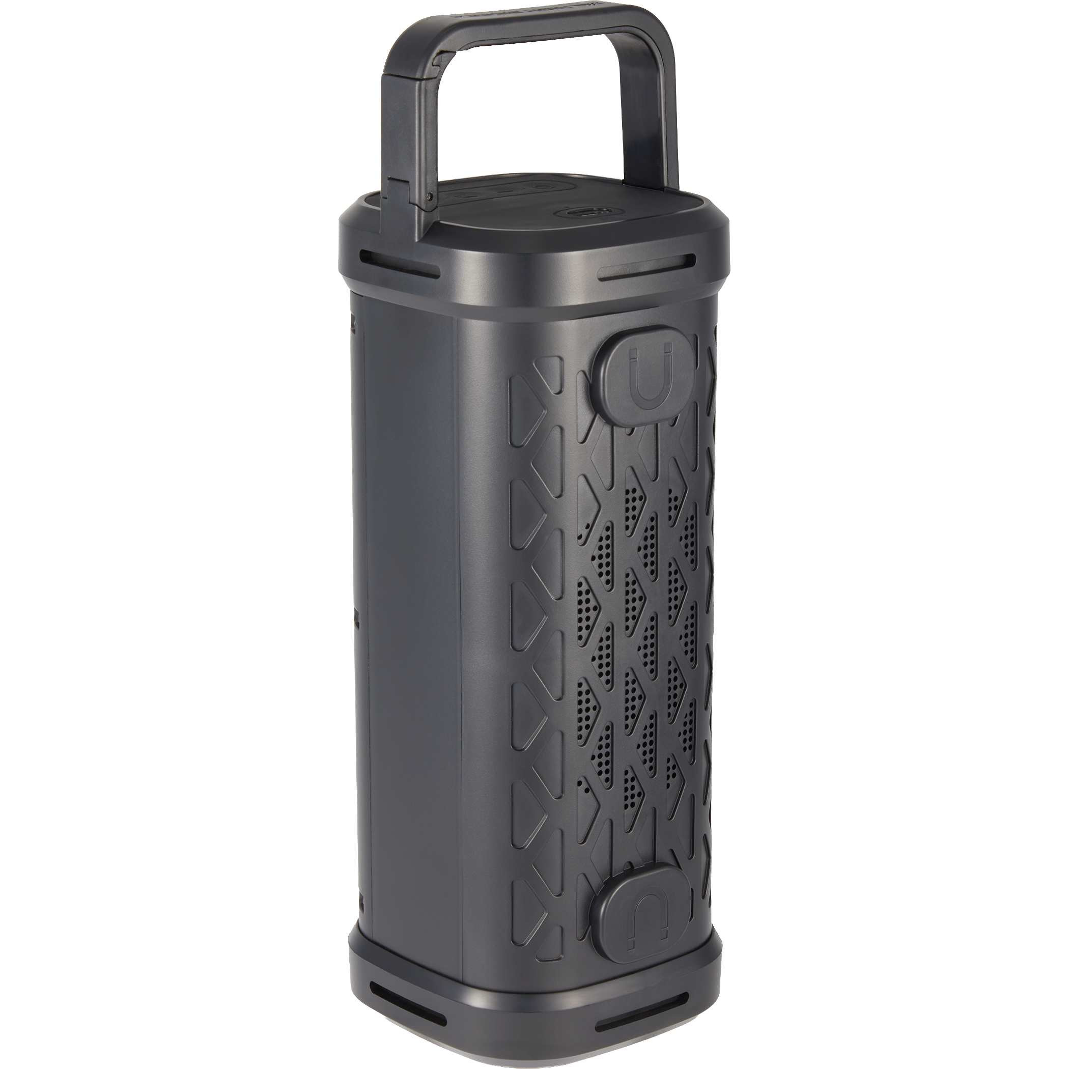 Black High Sierra Trail Grip Magnetic Outdoor Speaker with a rugged design, built-in magnet, carabiner-style handle, and waterproof construction for portable outdoor music.
