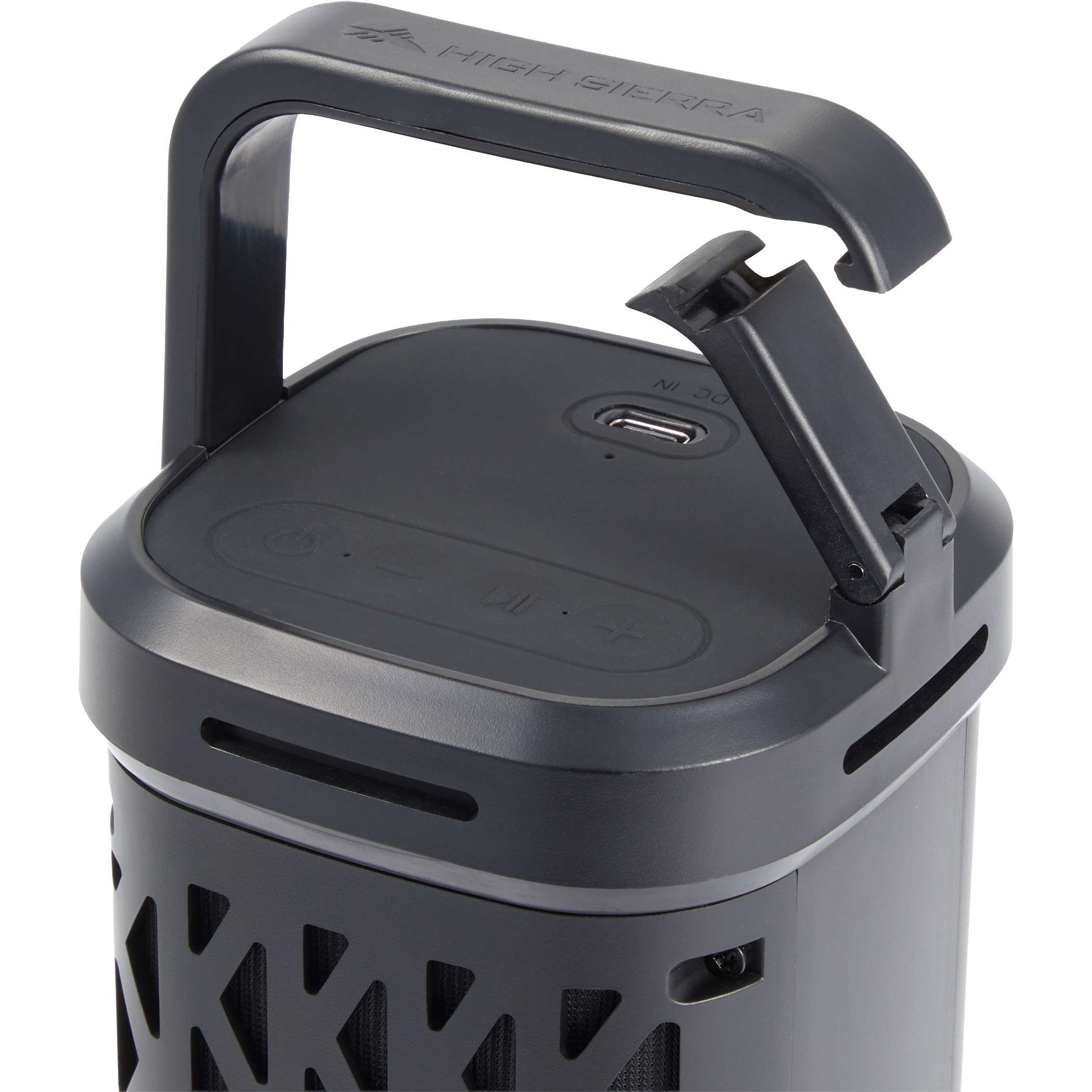Black High Sierra Trail Grip Magnetic Outdoor Speaker with a rugged design, built-in magnet, carabiner-style handle, and waterproof construction for portable outdoor music.