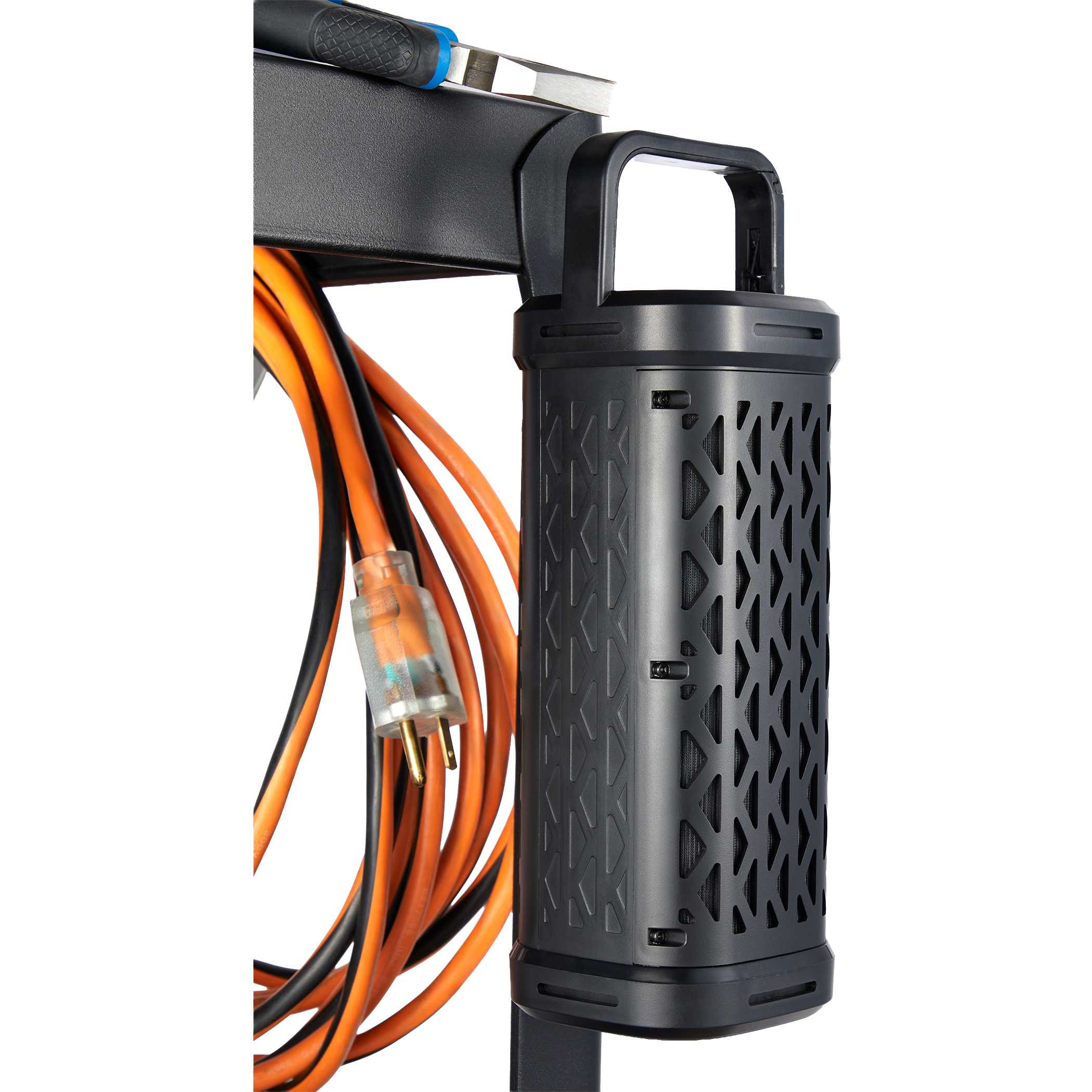 Black High Sierra Trail Grip Magnetic Outdoor Speaker with a rugged design, built-in magnet, carabiner-style handle, and waterproof construction for portable outdoor music.