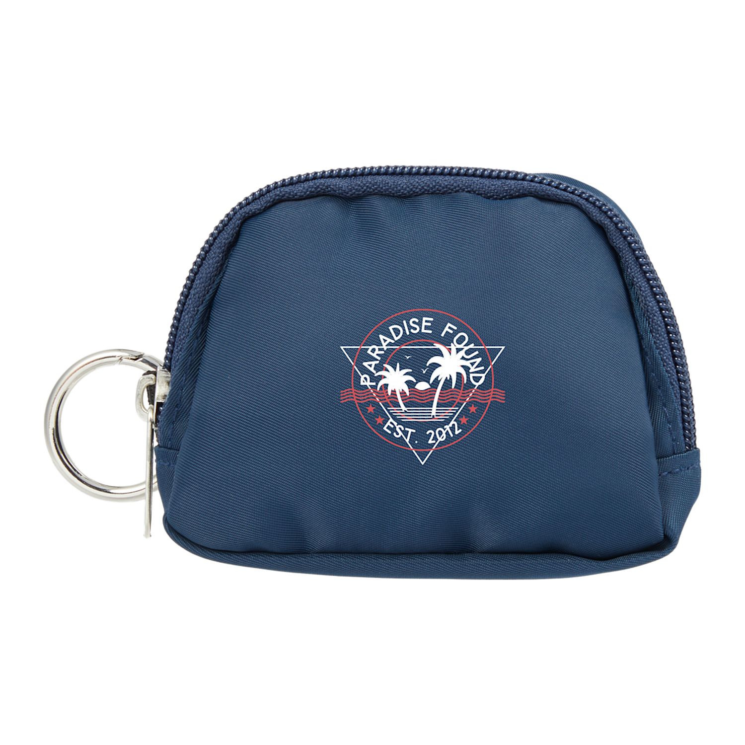 Navy mini sport wrist pack charm made from recycled 290T twill with a zippered top, open main compartment, wrist strap, and round carabiner for carrying small essentials.