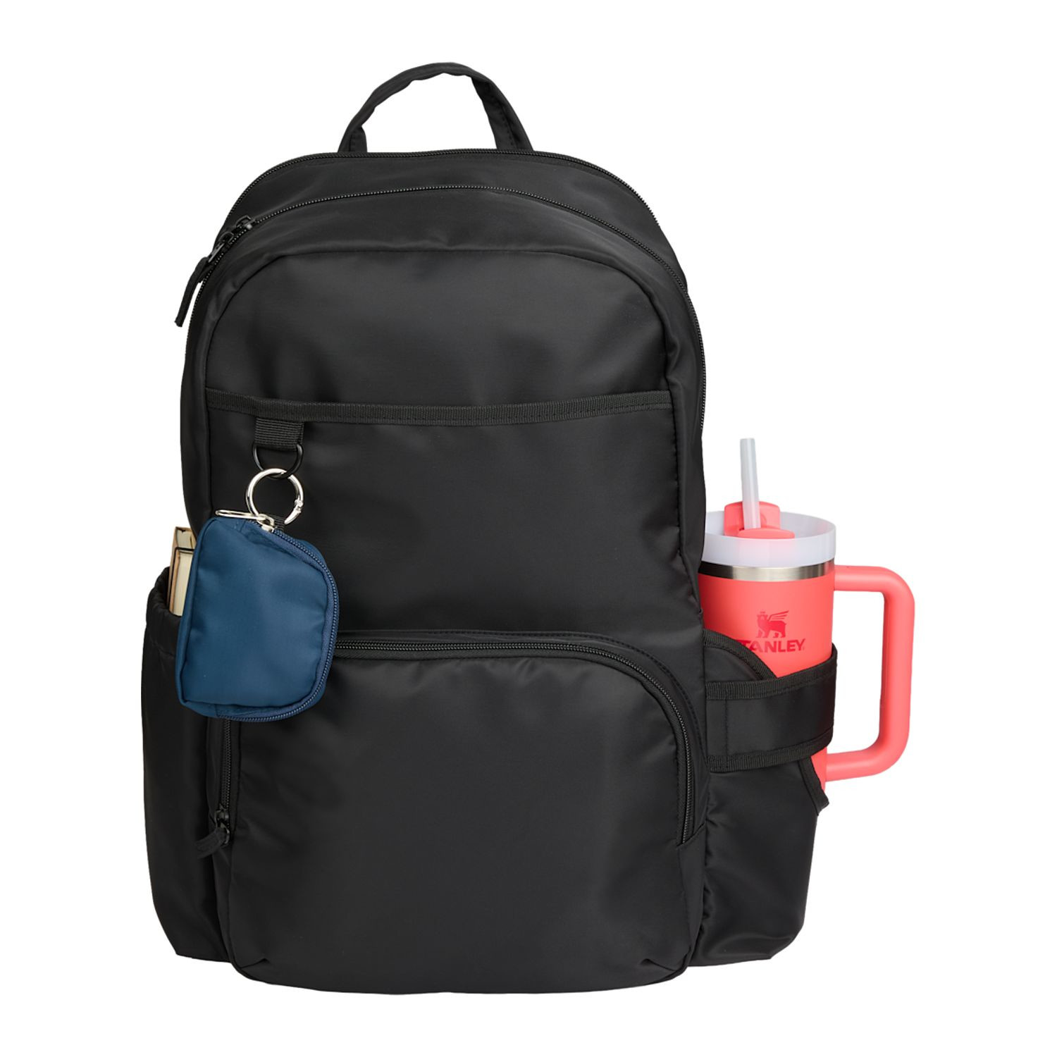 Navy mini sport wrist pack charm made from recycled 290T twill with a zippered top, open main compartment, wrist strap, and round carabiner for carrying small essentials.