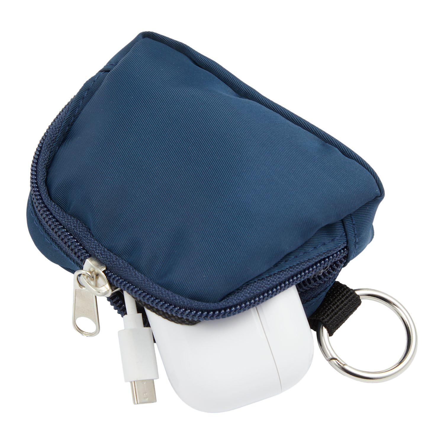 Navy mini sport wrist pack charm made from recycled 290T twill with a zippered top, open main compartment, wrist strap, and round carabiner for carrying small essentials.