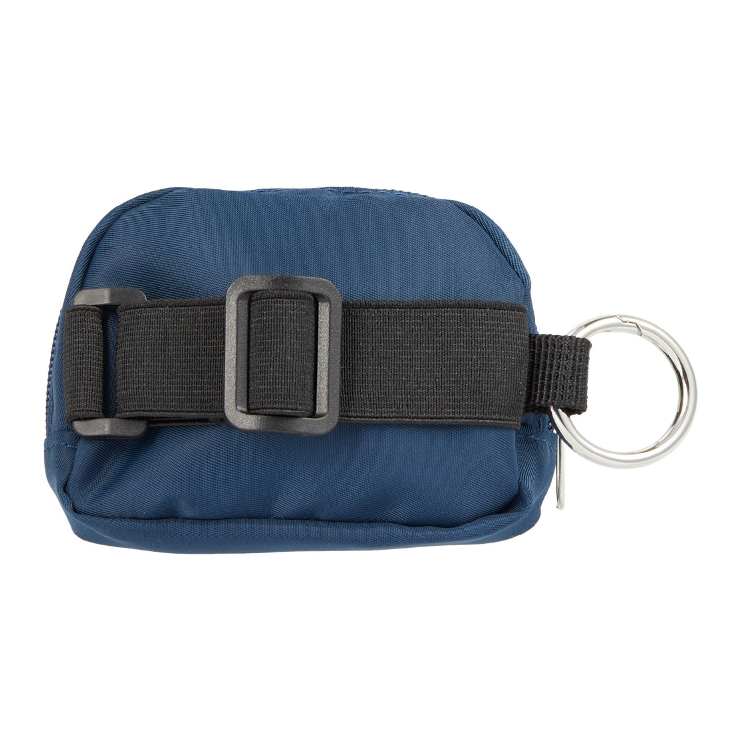 Navy mini sport wrist pack charm made from recycled 290T twill with a zippered top, open main compartment, wrist strap, and round carabiner for carrying small essentials.