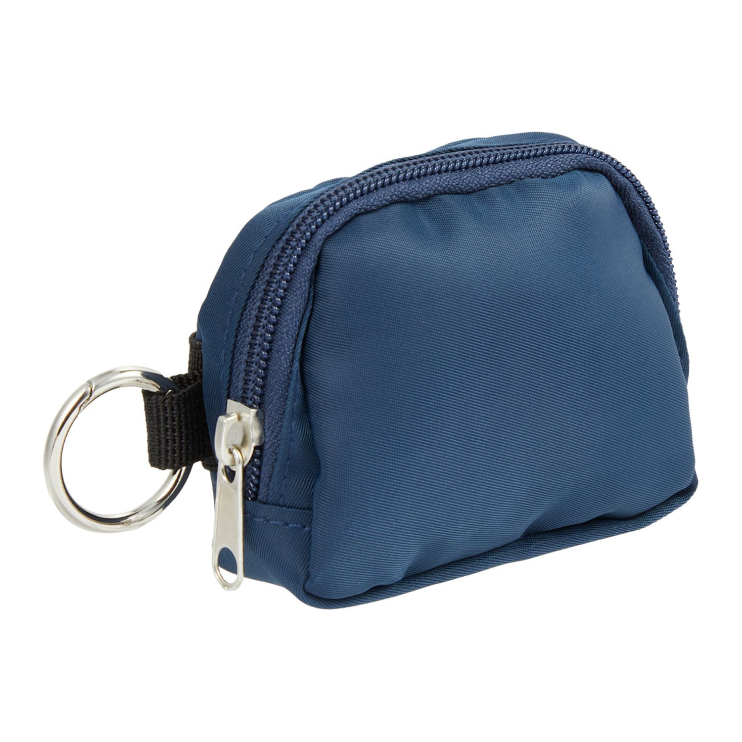 Navy mini sport wrist pack charm made from recycled 290T twill with a zippered top, open main compartment, wrist strap, and round carabiner for carrying small essentials.
