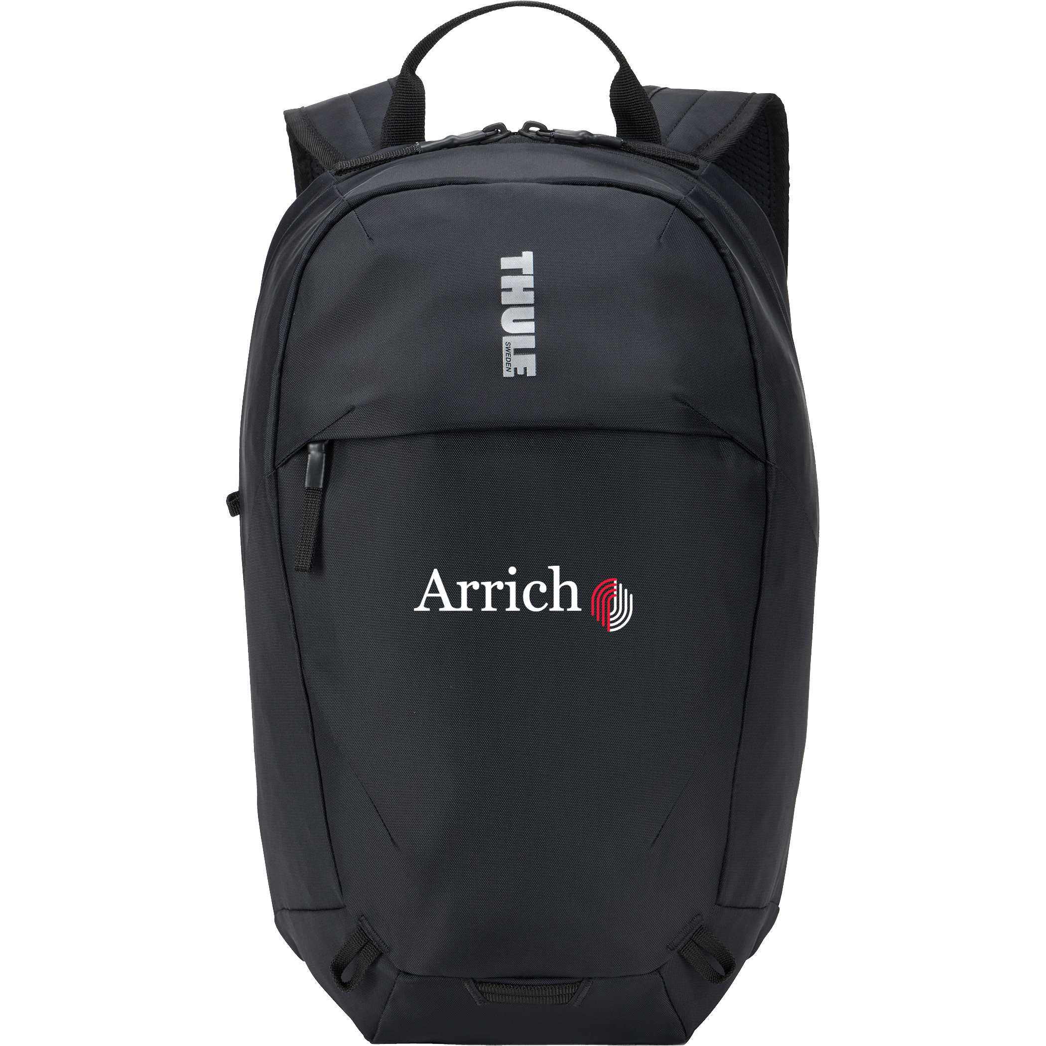 Black Thule EnRoute 12L Backpack, made from durable 400D nylon, featuring breathable mesh shoulder straps, a sternum strap, multiple zippered storage compartments, reflective details, and a bike light loop for organized everyday commuting.