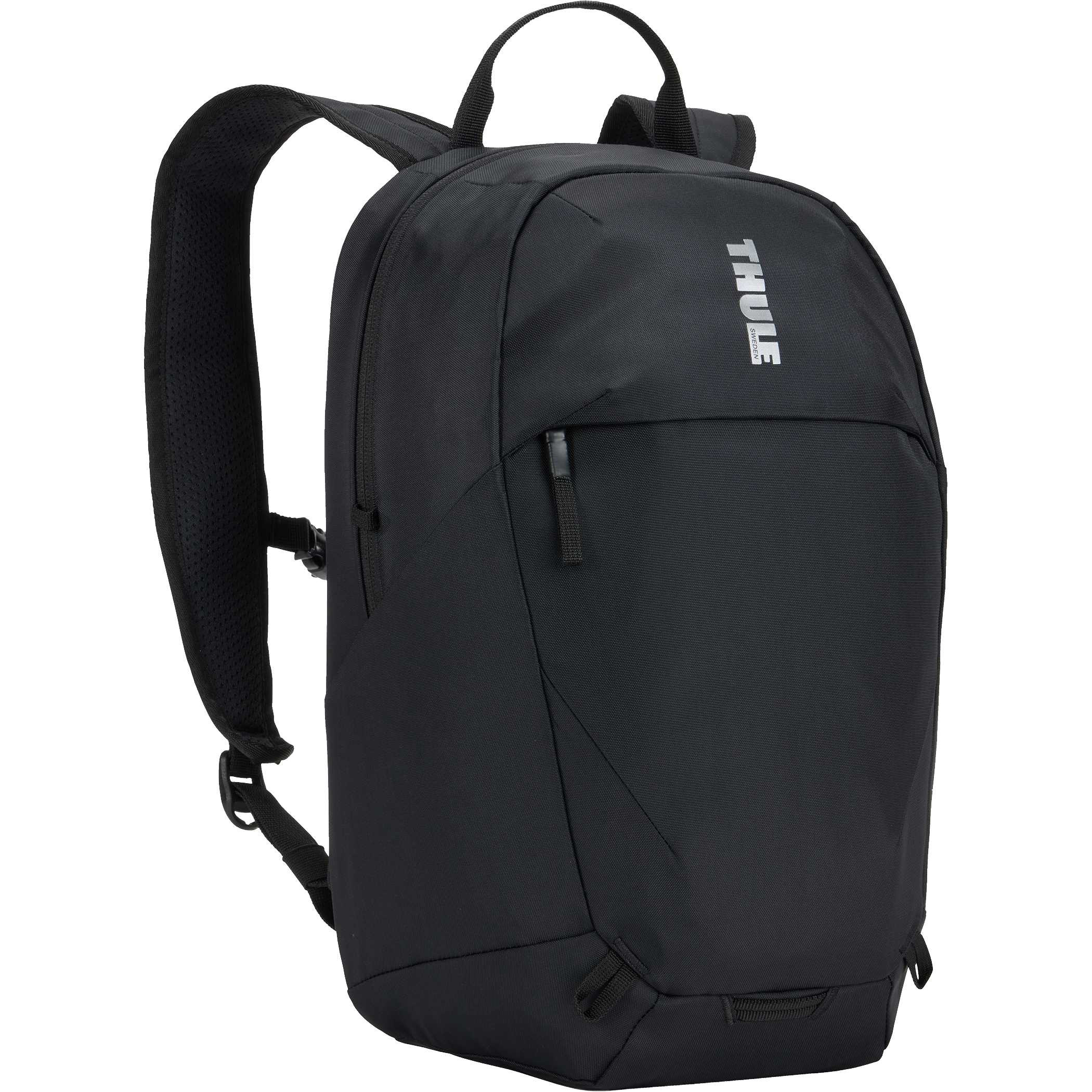 Black Thule EnRoute 12L Backpack, made from durable 400D nylon, featuring breathable mesh shoulder straps, a sternum strap, multiple zippered storage compartments, reflective details, and a bike light loop for organized everyday commuting.