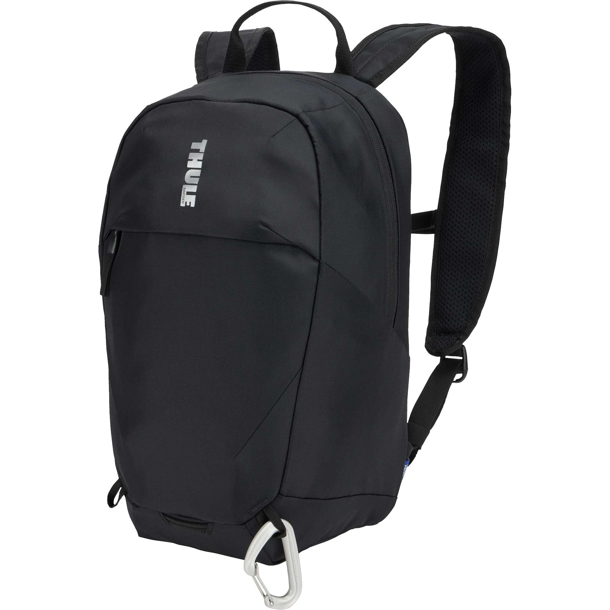 Black Thule EnRoute 12L Backpack, made from durable 400D nylon, featuring breathable mesh shoulder straps, a sternum strap, multiple zippered storage compartments, reflective details, and a bike light loop for organized everyday commuting.